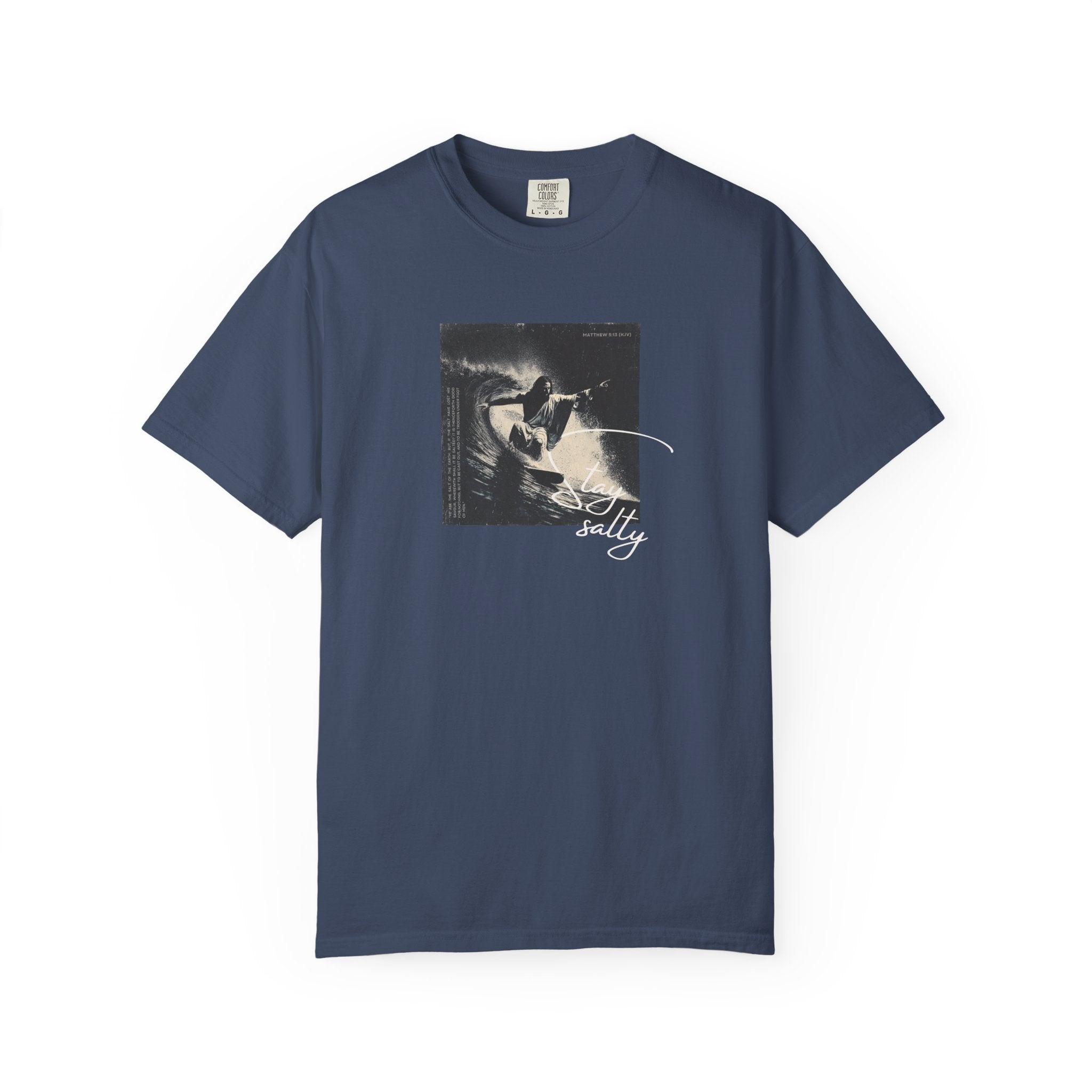 Stay Salty Surfer Tee – Script Christian Beachwear Matthew 5:13 Black / S-Bay / S-Berry / S-Blue Spruce / S-Brick / S