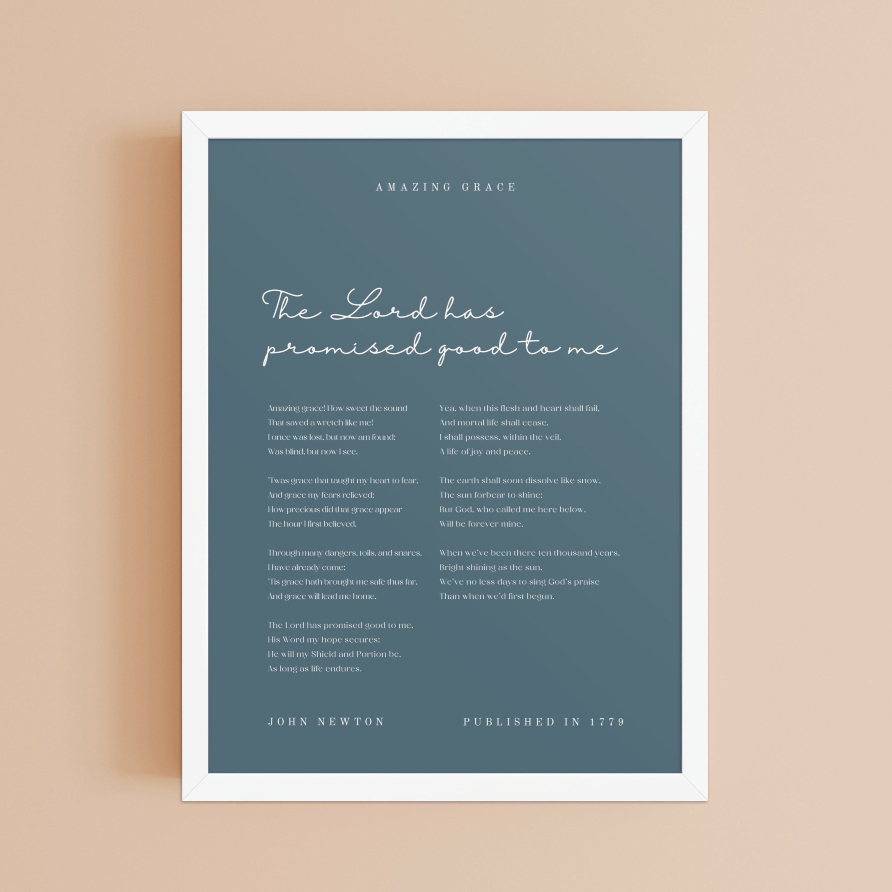 Amazing Grace Hymn Wall Art Over Blue Background    5"x7" / Unframed Matte Paper-8″×10″ / Unframed Matte Paper-8″×10″ / Black-8″×10″ / Red Oak-8″×10″ / White-11″×14″ / Unframed Matte Paper-11″×14″ / Black-11″×14″ / Red Oak-11″×14″ / White-12″×16″ / Unframed Matte Paper
