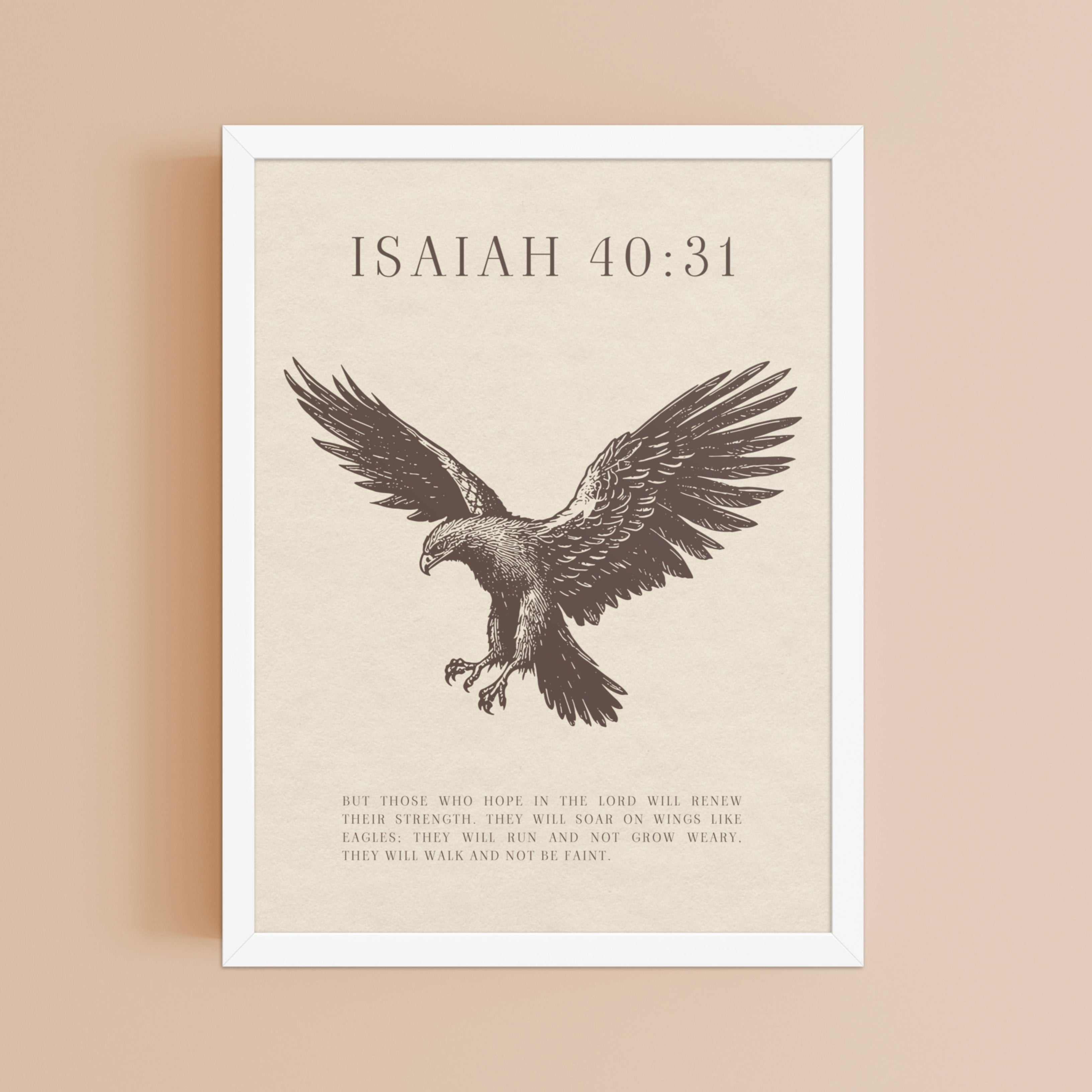 Isaiah 40:31 Verse Wall Art - Eagle On Beige    5″×7″ / Unframed Matte Paper-A1 (23.3″×33.1″) / Unframed Matte Paper-A2 (16.5″×23.3″) / Unframed Matte Paper-8″×10″ / Unframed Matte Paper-8″×10″ / Black-8″×10″ / Red Oak-8″×10″ / White-11″×14″ / Unframed Matte Paper-11″×14″ / Black-11″×14″ / Red Oak