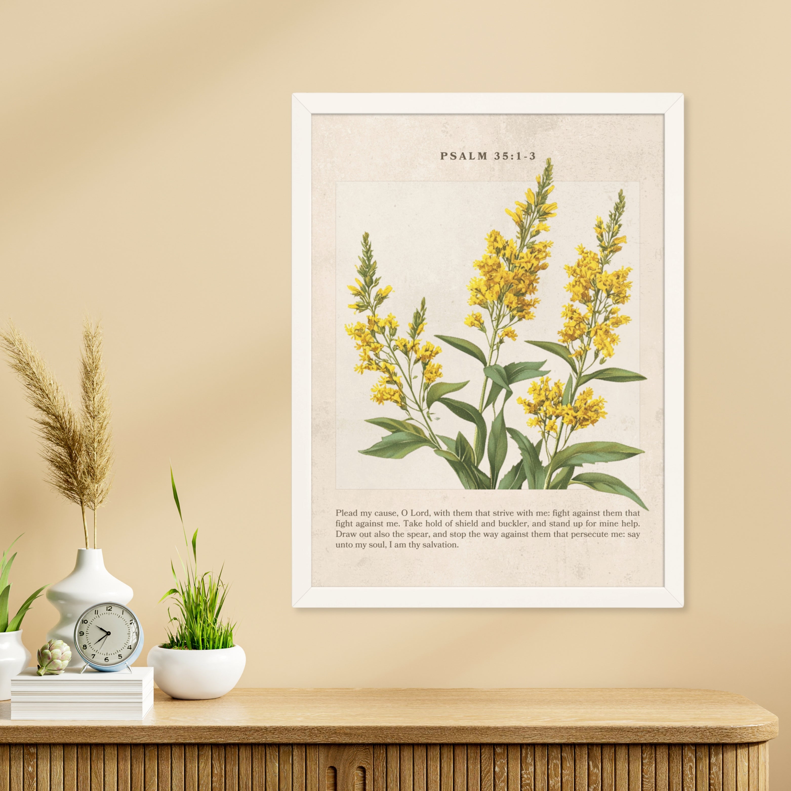 Psalm 35:1-3 - Vintage-style Florals On Beige Background Unframed Matte Paper / 8″×10″-Unframed Matte Paper / 11″×14″-Unframed Matte Paper / 12″×16″-Unframed Matte Paper / 16″×20″-Unframed Matte Paper / 18″×24″-Black / 8″×10″-Black / 11″×14″-Black / 12″×16″-Black / 16″×20″-Black / 18″×24″