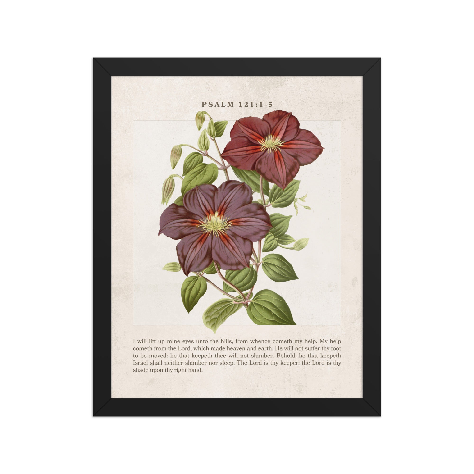 Psalm 121 - Vintage-style Florals On Beige Background    Unframed Matte Paper / 8″×10″-Unframed Matte Paper / 11″×14″-Unframed Matte Paper / 12″×16″-Unframed Matte Paper / 16″×20″-Unframed Matte Paper / 18″×24″-Black / 8″×10″-Black / 11″×14″-Black / 12″×16″-Black / 16″×20″-Black / 18″×24″