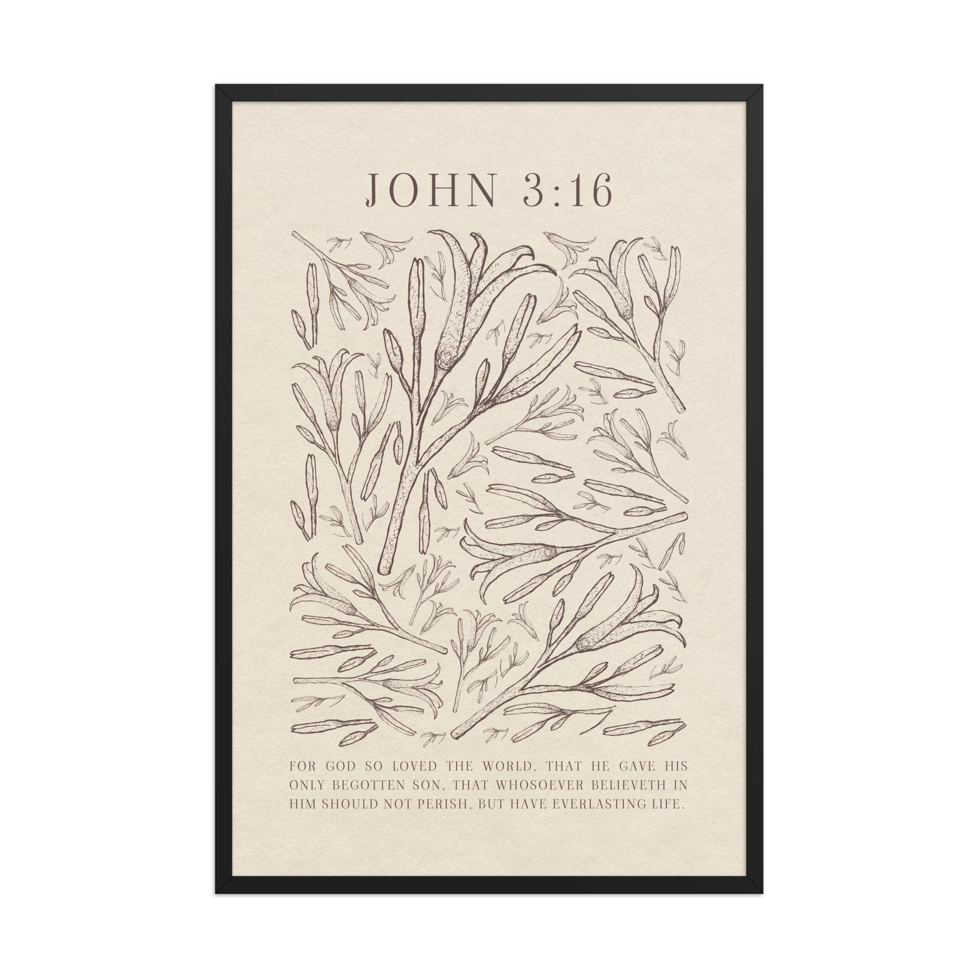 John 3:16 - Black Floral Art On Beige Background Unframed Matte Paper / 5"x7"-Unframed Matte Paper / 8″×10″-Unframed Matte Paper / 11″×14″-Unframed Matte Paper / 12″×16″-Unframed Matte Paper / 12″×18″-Unframed Matte Paper / 16″×20″-Unframed Matte Paper / A2 (16.5″×23.3″)-Unframed Matte Paper / 18″×24″-Unframed Matte Paper / 24″×36″-Unframed Matte Paper / 20"x30"