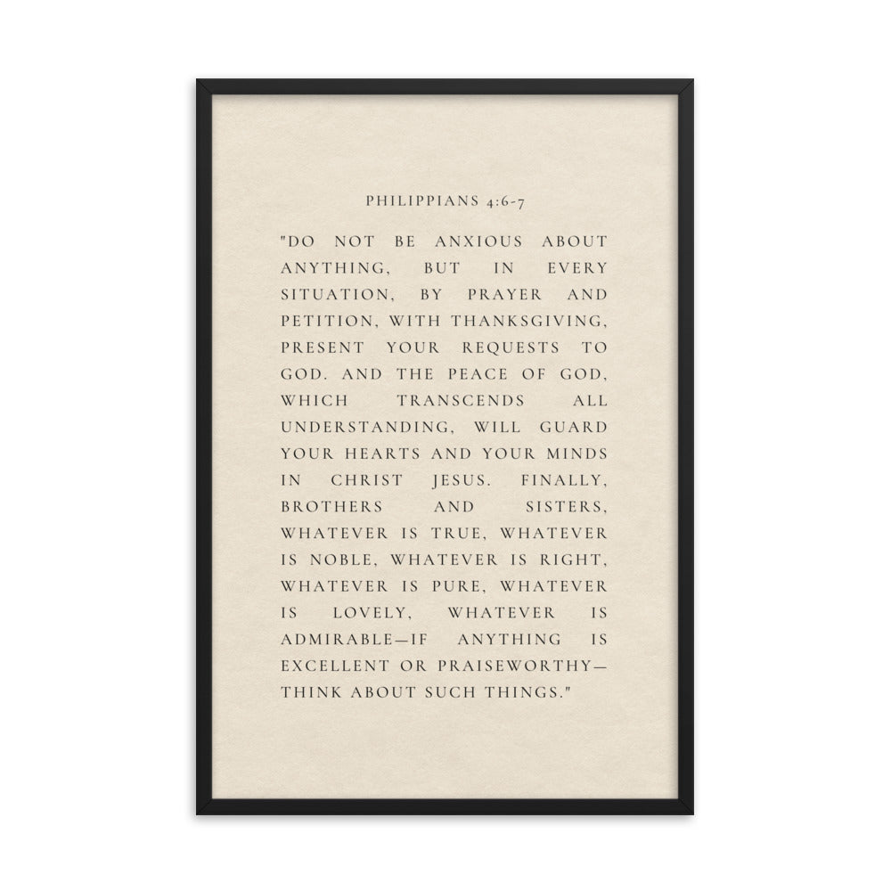 Philippians 4:6-7 Verse Print on Clean Beige Background 5″×7″ / Unframed Matte Paper-A1 (23.3″×33.1″) / Unframed Matte Paper-A2 (16.5″×23.3″) / Unframed Matte Paper-8″×10″ / Unframed Matte Paper-8″×10″ / Black-8″×10″ / Red Oak-8″×10″ / White-11″×14″ / Unframed Matte Paper-11″×14″ / Black-11″×14″ / Red Oak
