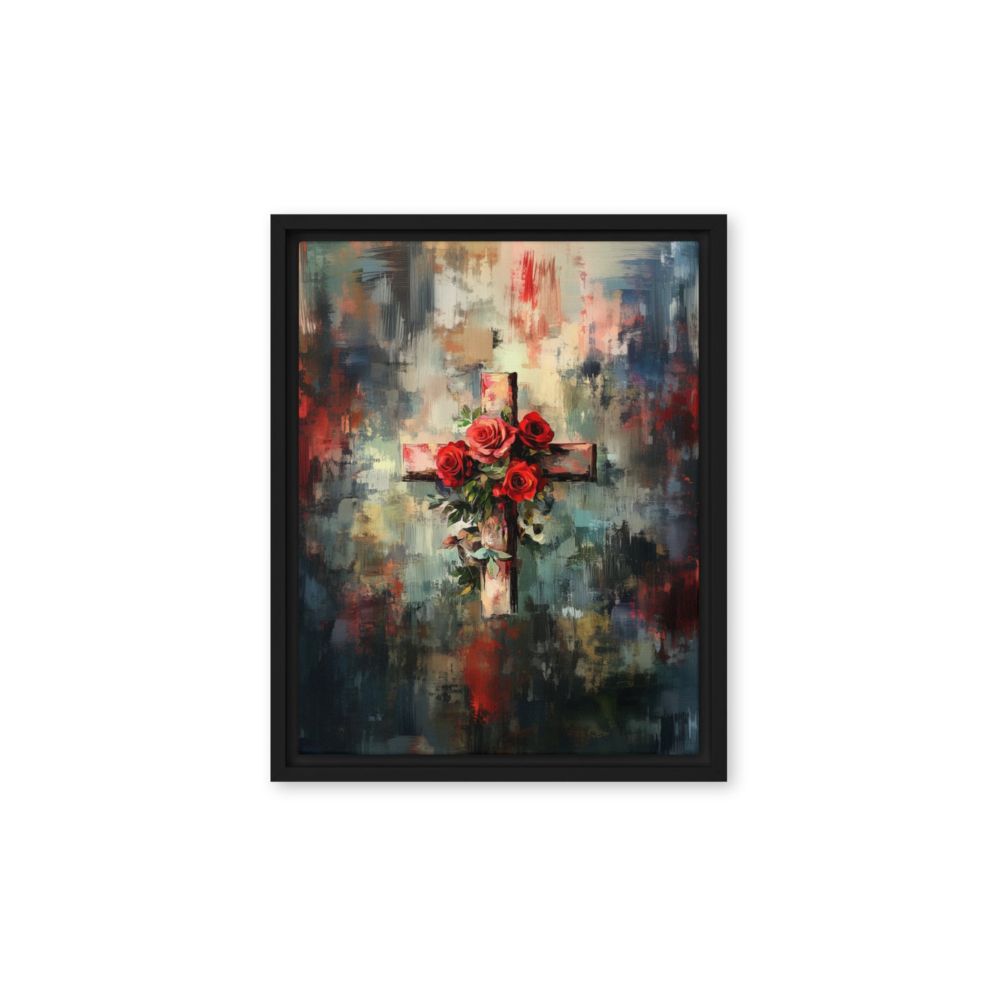 Cross of Roses - Framed Canvas Print    Unframed Canvas / 8″×10″-Unframed Canvas / 9″×12″-Unframed Canvas / 11″×14″-Unframed Canvas / 12″×12″-Unframed Canvas / 12″×16″-Unframed Canvas / 12″×18″-Unframed Canvas / 16″×16″-Unframed Canvas / 16″×20″-Unframed Canvas / 18″×24″-Unframed Canvas / 20″×28″