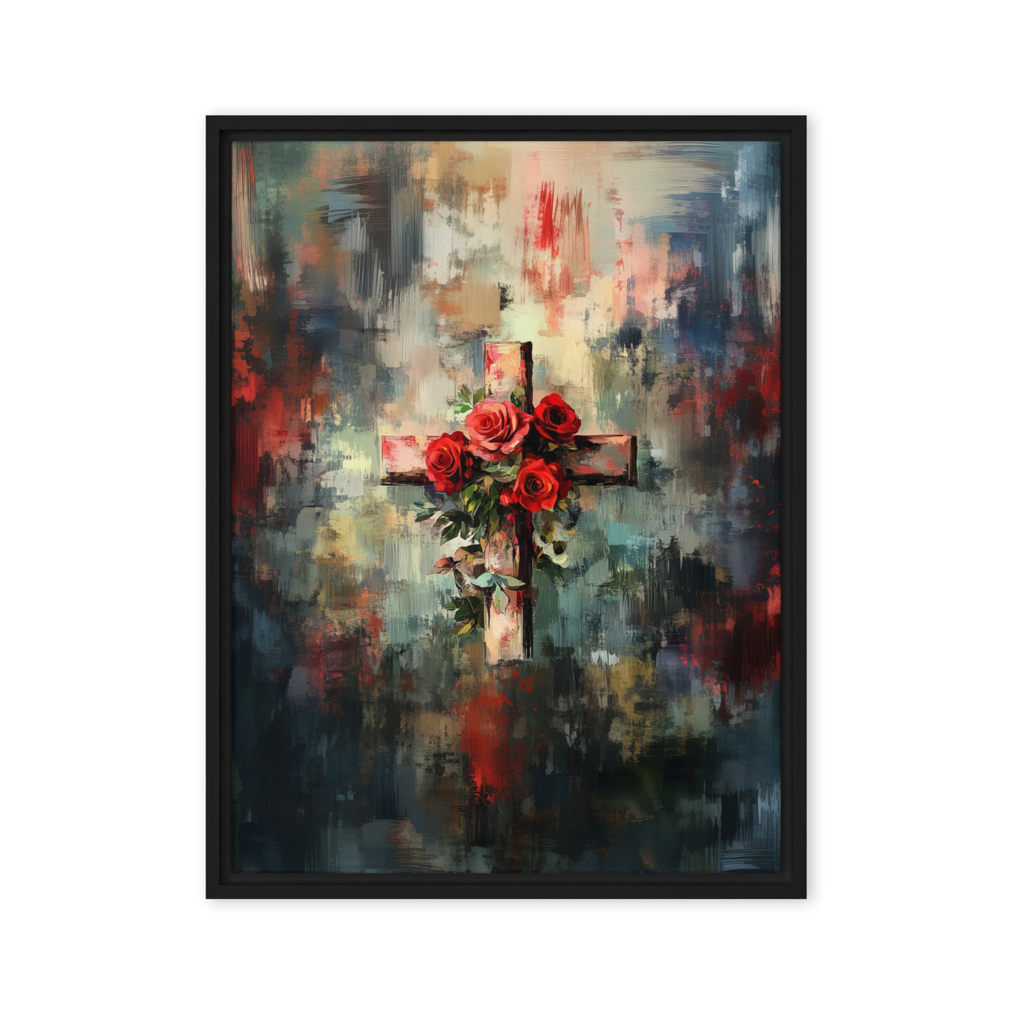 Cross of Roses - Framed Canvas Print    Unframed Canvas / 8″×10″-Unframed Canvas / 9″×12″-Unframed Canvas / 11″×14″-Unframed Canvas / 12″×12″-Unframed Canvas / 12″×16″-Unframed Canvas / 12″×18″-Unframed Canvas / 16″×16″-Unframed Canvas / 16″×20″-Unframed Canvas / 18″×24″-Unframed Canvas / 20″×28″