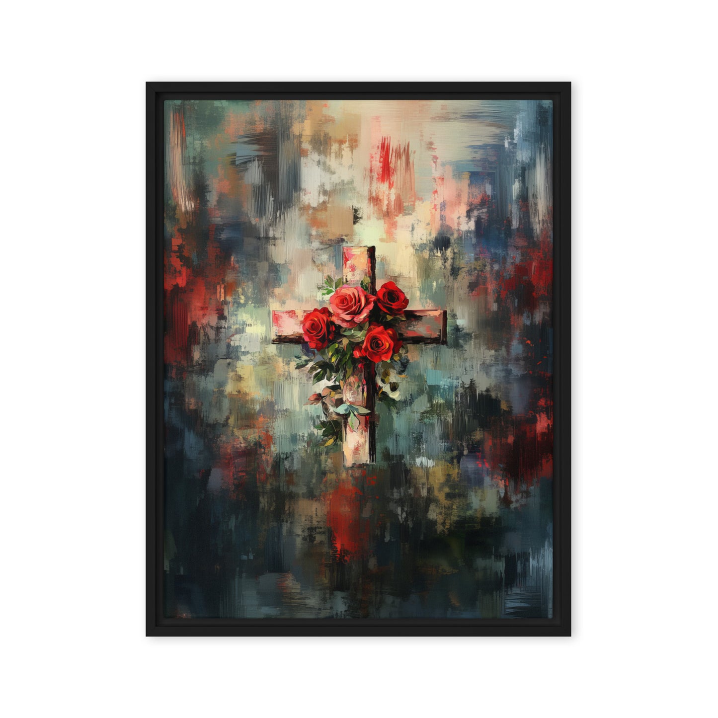 Cross of Roses - Framed Canvas Print    Unframed Canvas / 8″×10″-Unframed Canvas / 9″×12″-Unframed Canvas / 11″×14″-Unframed Canvas / 12″×12″-Unframed Canvas / 12″×16″-Unframed Canvas / 12″×18″-Unframed Canvas / 16″×16″-Unframed Canvas / 16″×20″-Unframed Canvas / 18″×24″-Unframed Canvas / 20″×28″