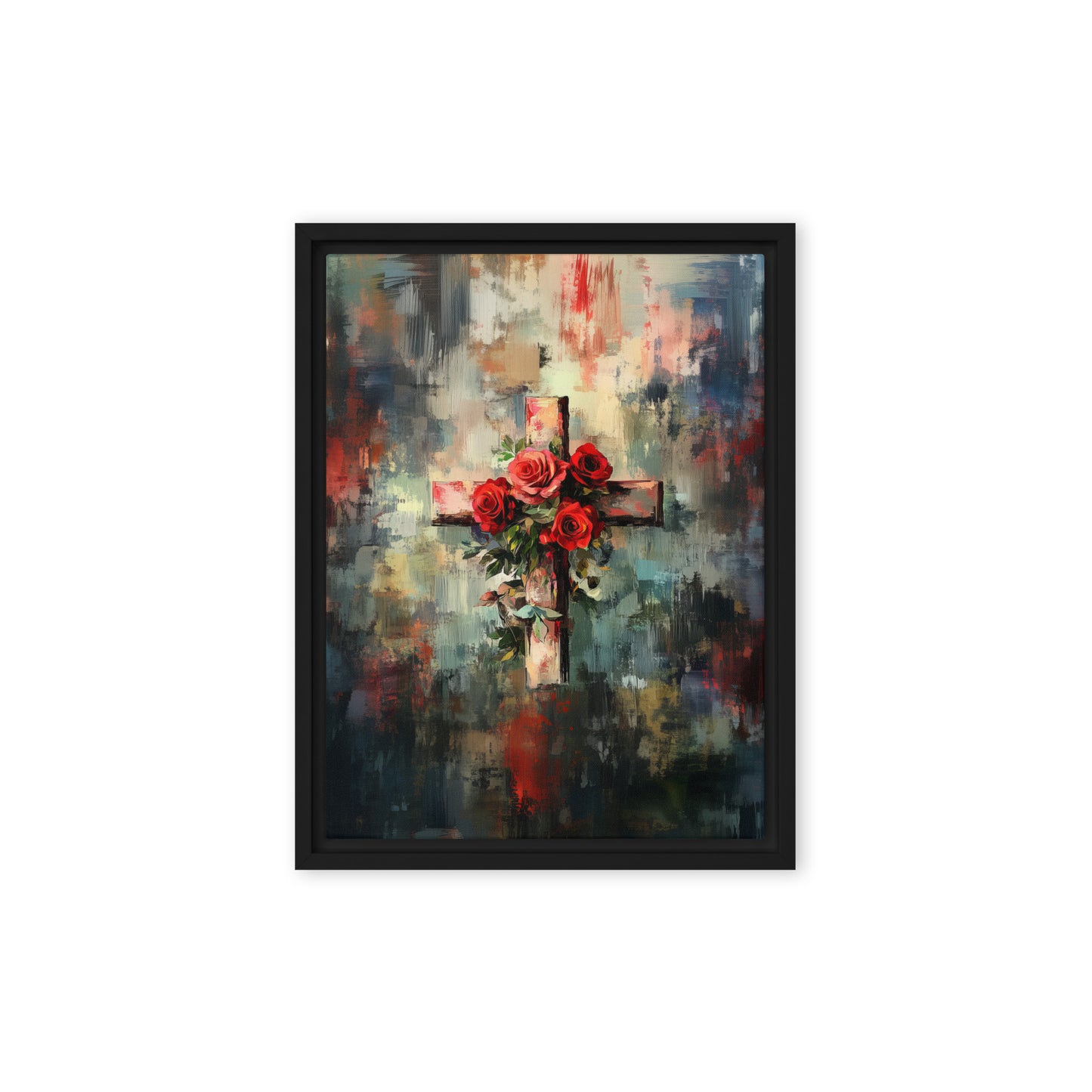 Cross of Roses - Framed Canvas Print    Unframed Canvas / 8″×10″-Unframed Canvas / 9″×12″-Unframed Canvas / 11″×14″-Unframed Canvas / 12″×12″-Unframed Canvas / 12″×16″-Unframed Canvas / 12″×18″-Unframed Canvas / 16″×16″-Unframed Canvas / 16″×20″-Unframed Canvas / 18″×24″-Unframed Canvas / 20″×28″