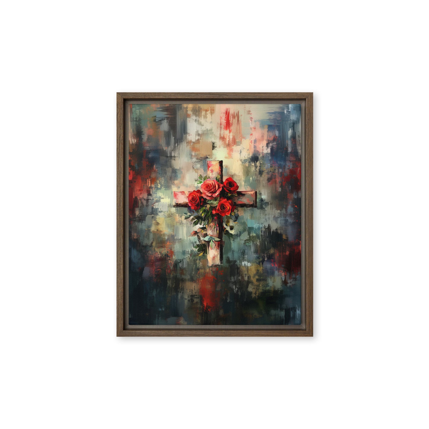 Cross of Roses - Framed Canvas Print    Unframed Canvas / 8″×10″-Unframed Canvas / 9″×12″-Unframed Canvas / 11″×14″-Unframed Canvas / 12″×12″-Unframed Canvas / 12″×16″-Unframed Canvas / 12″×18″-Unframed Canvas / 16″×16″-Unframed Canvas / 16″×20″-Unframed Canvas / 18″×24″-Unframed Canvas / 20″×28″