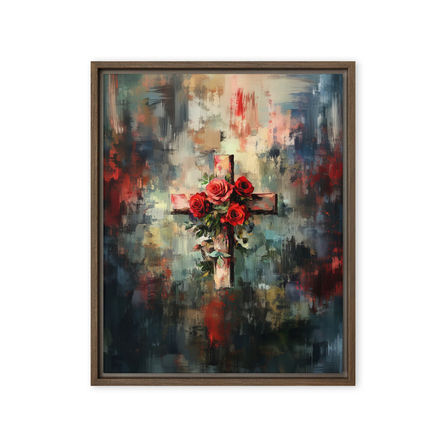 Cross of Roses - Framed Canvas Print    Unframed Canvas / 8″×10″-Unframed Canvas / 9″×12″-Unframed Canvas / 11″×14″-Unframed Canvas / 12″×12″-Unframed Canvas / 12″×16″-Unframed Canvas / 12″×18″-Unframed Canvas / 16″×16″-Unframed Canvas / 16″×20″-Unframed Canvas / 18″×24″-Unframed Canvas / 20″×28″