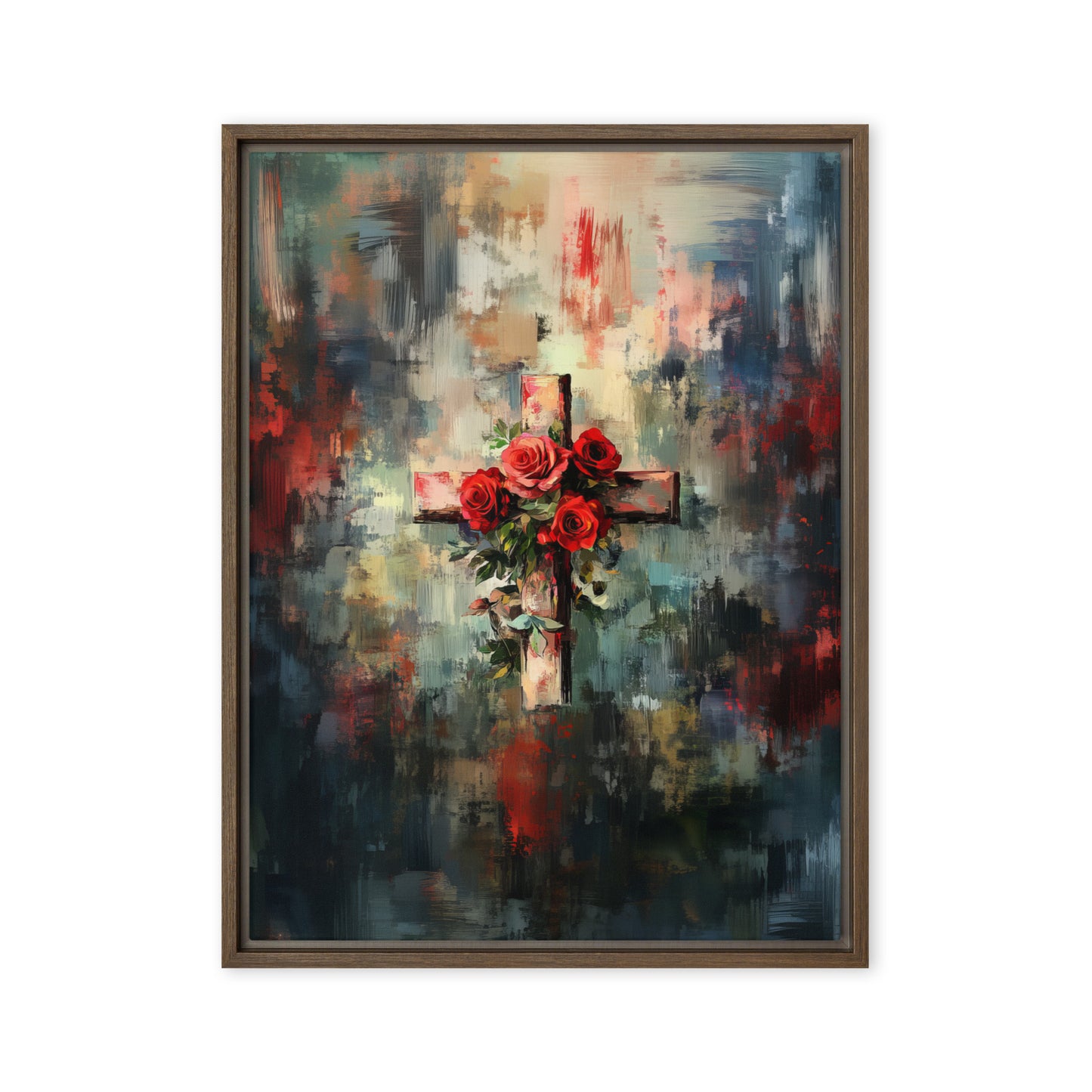 Cross of Roses - Framed Canvas Print    Unframed Canvas / 8″×10″-Unframed Canvas / 9″×12″-Unframed Canvas / 11″×14″-Unframed Canvas / 12″×12″-Unframed Canvas / 12″×16″-Unframed Canvas / 12″×18″-Unframed Canvas / 16″×16″-Unframed Canvas / 16″×20″-Unframed Canvas / 18″×24″-Unframed Canvas / 20″×28″