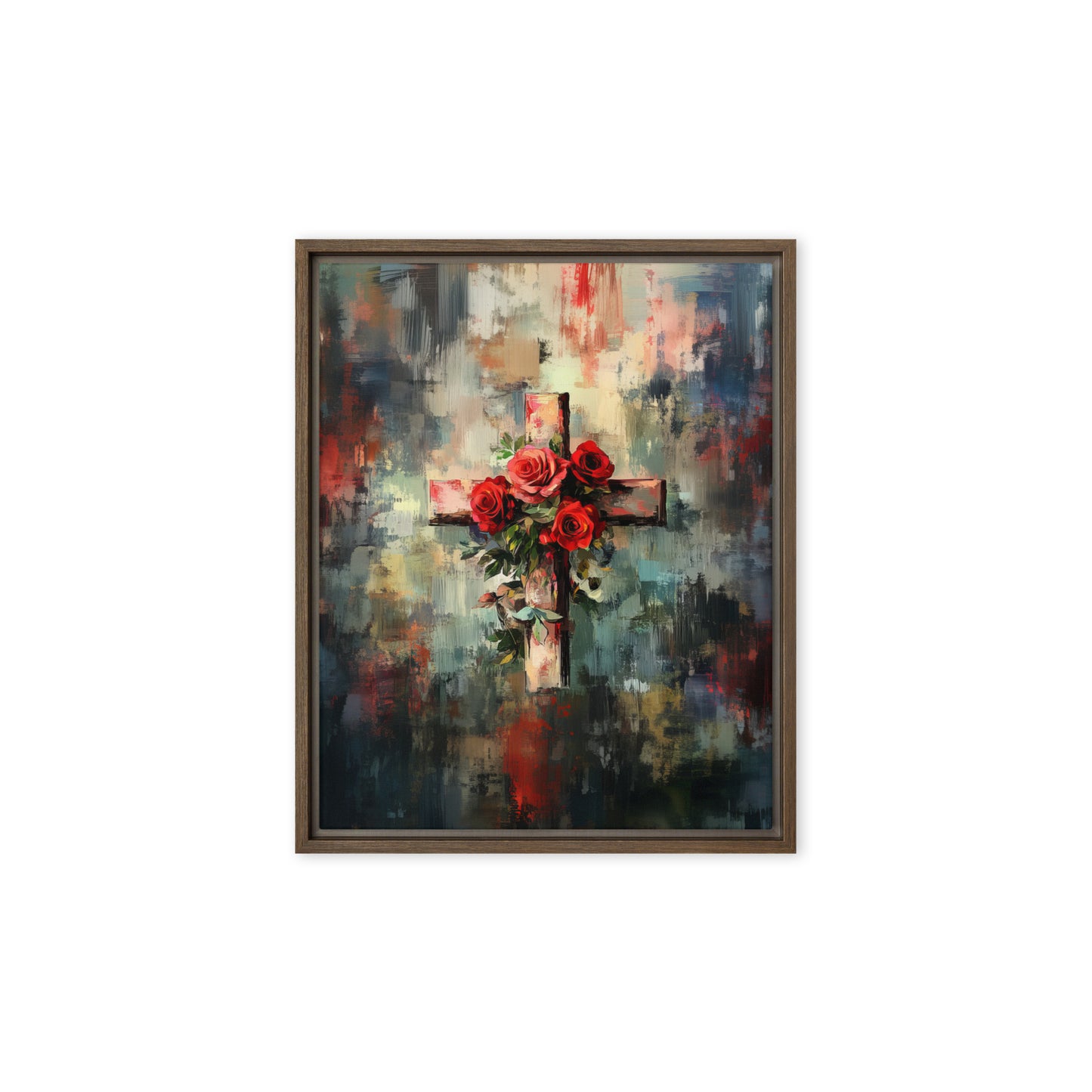 Cross of Roses - Framed Canvas Print    Unframed Canvas / 8″×10″-Unframed Canvas / 9″×12″-Unframed Canvas / 11″×14″-Unframed Canvas / 12″×12″-Unframed Canvas / 12″×16″-Unframed Canvas / 12″×18″-Unframed Canvas / 16″×16″-Unframed Canvas / 16″×20″-Unframed Canvas / 18″×24″-Unframed Canvas / 20″×28″