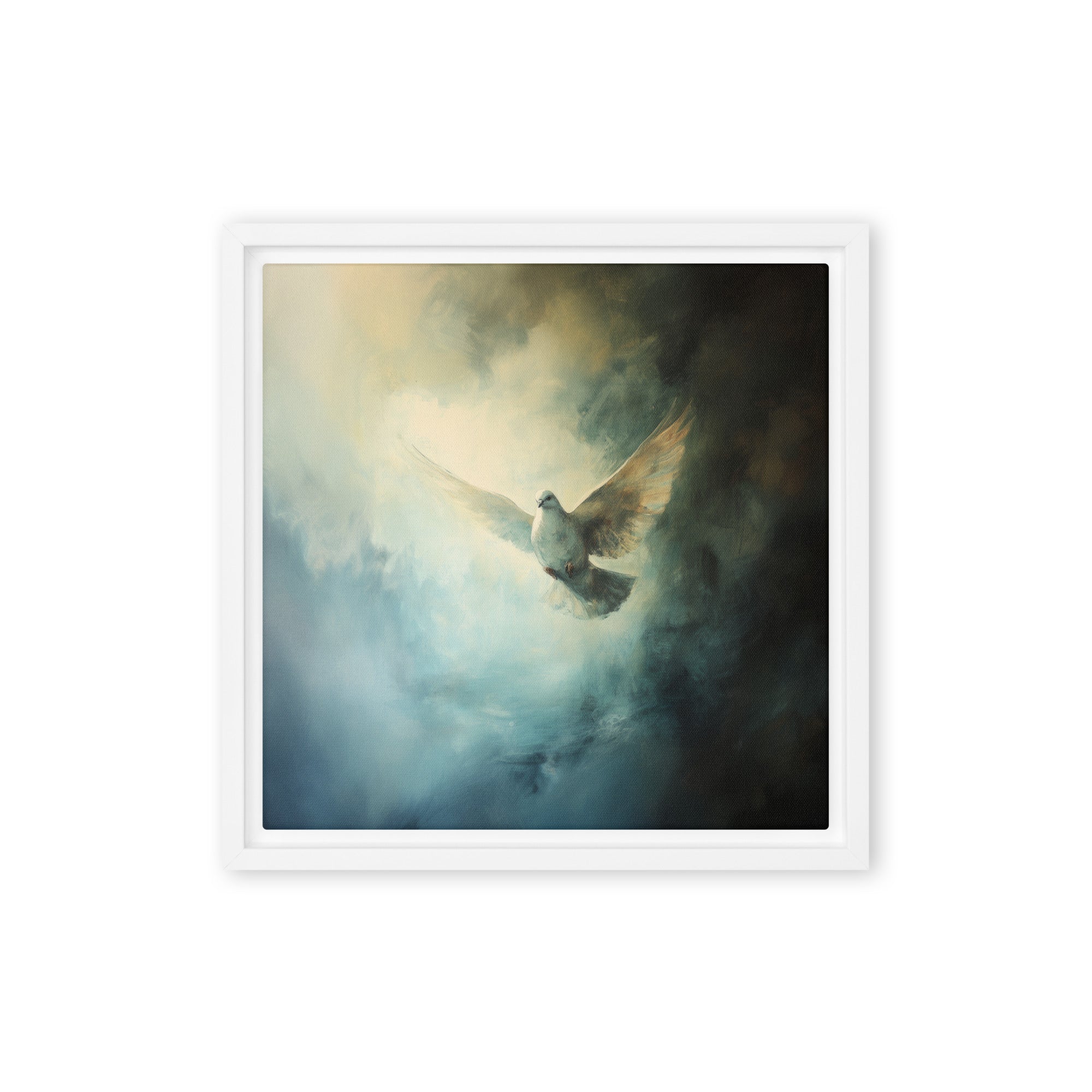 Peace Reigns - White Dove of Peace - Framed Canvas    Unframed Canvas / 8″×10″-Unframed Canvas / 9″×12″-Unframed Canvas / 11″×14″-Unframed Canvas / 12″×12″-Unframed Canvas / 12″×16″-Unframed Canvas / 12″×18″-Unframed Canvas / 16″×16″-Unframed Canvas / 16″×20″-Unframed Canvas / 18″×24″-Unframed Canvas / 20″×30″