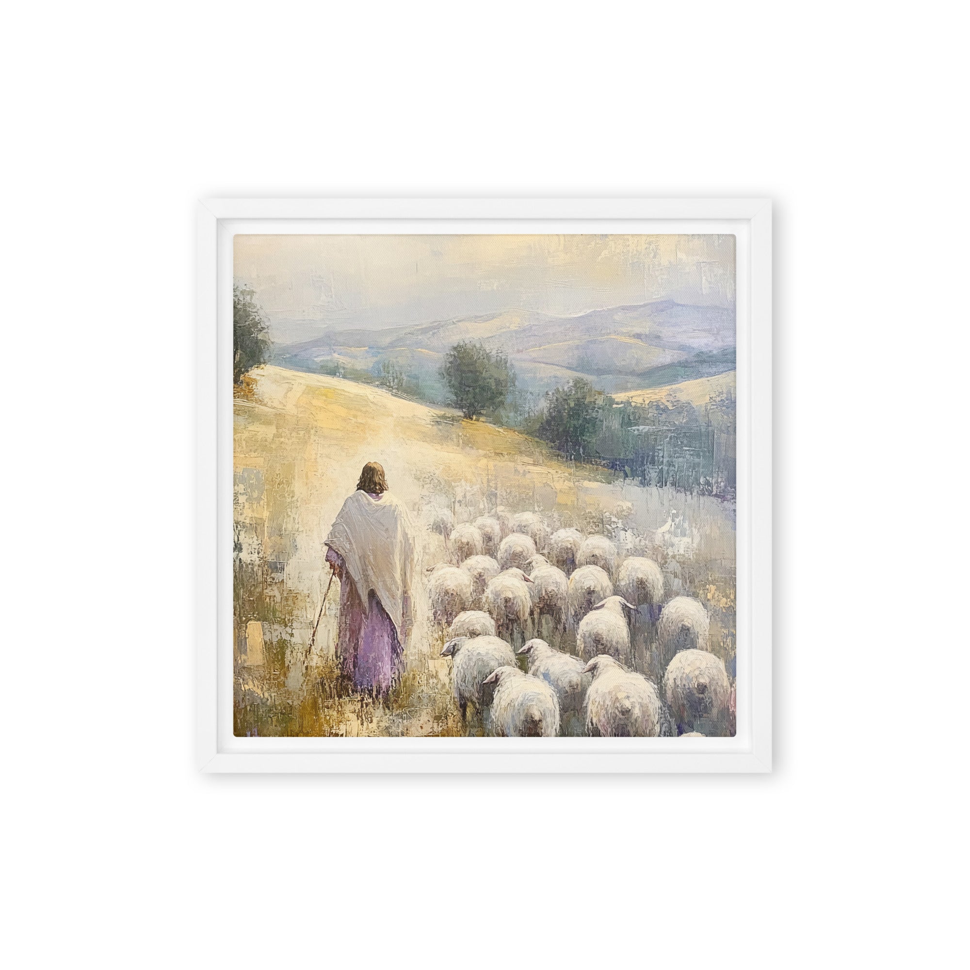 Jesus and His Herd - Colorful Framed Canvas Print    Unframed Canvas / 8″×10″-Unframed Canvas / 9″×12″-Unframed Canvas / 11″×14″-Unframed Canvas / 12″×12″-Unframed Canvas / 12″×16″-Unframed Canvas / 12″×18″-Unframed Canvas / 16″×16″-Unframed Canvas / 16″×20″-Unframed Canvas / 18″×24″-Unframed Canvas / 20″×28″