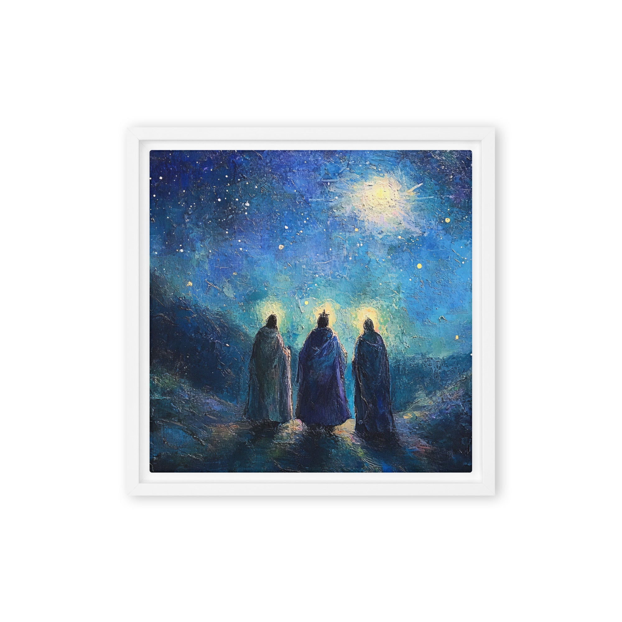 Three Kings Under A Starry Night - Framed Canvas Print    Unframed Canvas / 8″×10″-Unframed Canvas / 9″×12″-Unframed Canvas / 11″×14″-Unframed Canvas / 12″×12″-Unframed Canvas / 12″×16″-Unframed Canvas / 12″×18″-Unframed Canvas / 16″×16″-Unframed Canvas / 16″×20″-Unframed Canvas / 18″×24″-Unframed Canvas / 20″×28″