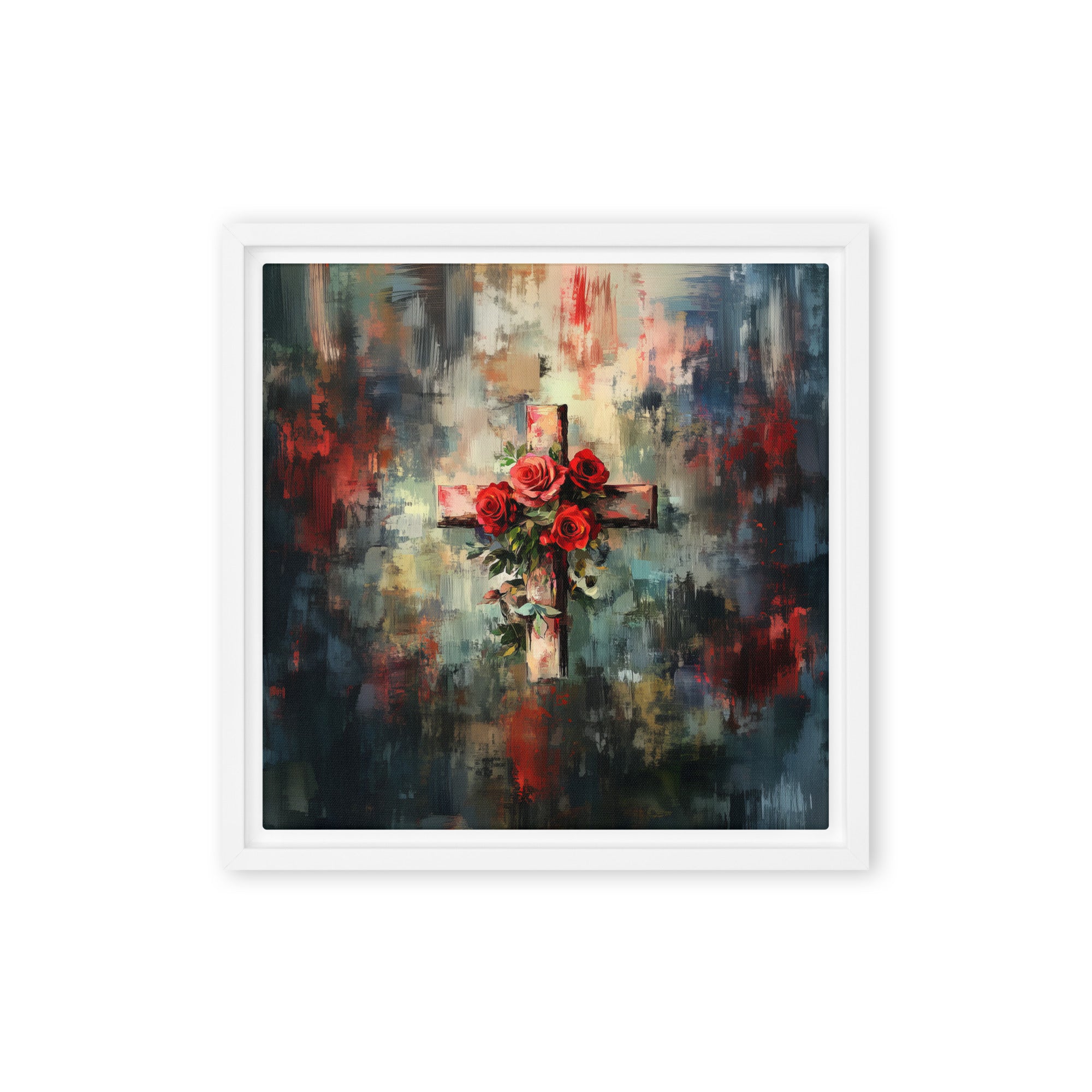 Cross of Roses - Framed Canvas Print    Unframed Canvas / 8″×10″-Unframed Canvas / 9″×12″-Unframed Canvas / 11″×14″-Unframed Canvas / 12″×12″-Unframed Canvas / 12″×16″-Unframed Canvas / 12″×18″-Unframed Canvas / 16″×16″-Unframed Canvas / 16″×20″-Unframed Canvas / 18″×24″-Unframed Canvas / 20″×28″