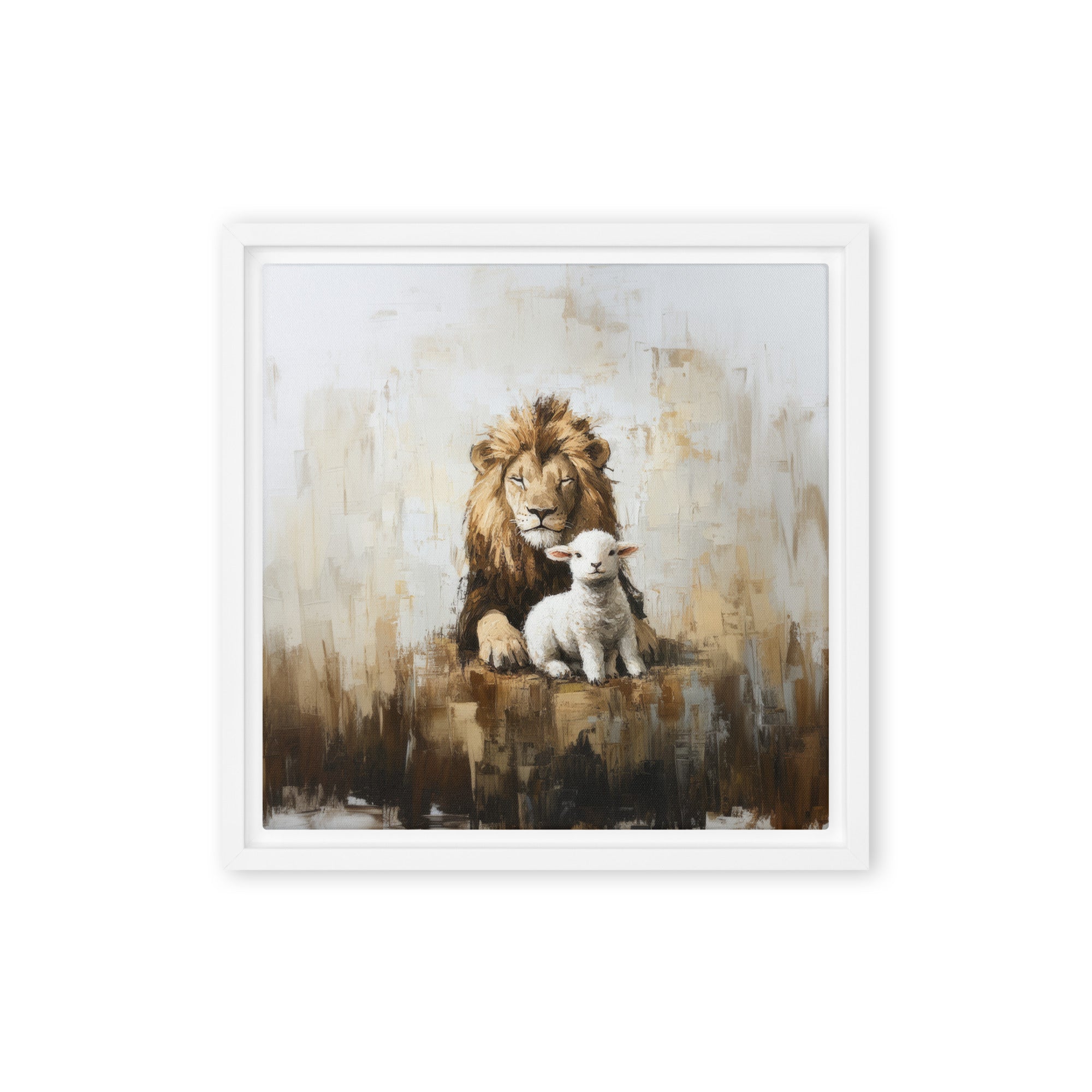 Lion and the Lamb - Christian Wall Art - Earthy Tones On Canvas    Unframed Canvas / 8″×10″-Unframed Canvas / 9″×12″-Unframed Canvas / 11″×14″-Unframed Canvas / 12″×12″-Unframed Canvas / 12″×16″-Unframed Canvas / 12″×18″-Unframed Canvas / 16″×16″-Unframed Canvas / 16″×20″-Unframed Canvas / 18″×24″-Unframed Canvas / 20″×28″