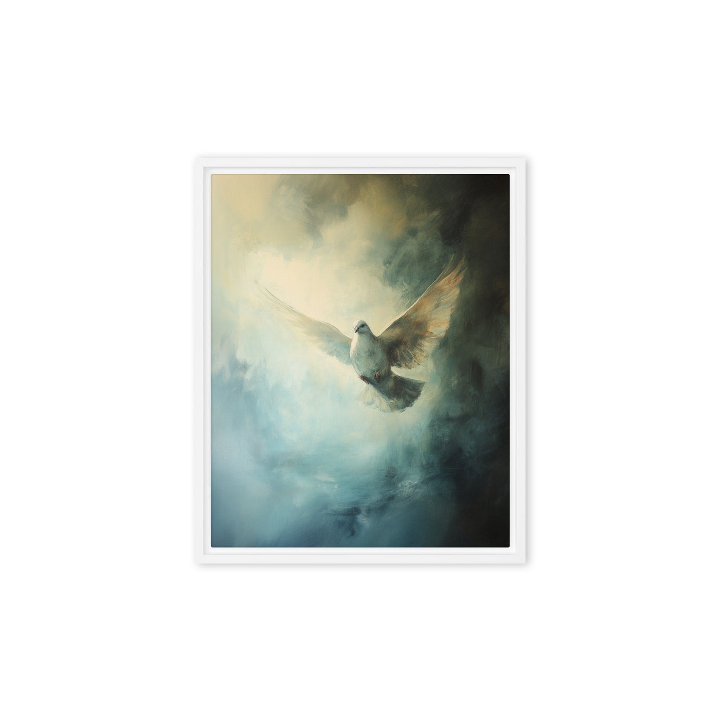 Peace Reigns - White Dove of Peace - Framed Canvas    Unframed Canvas / 8″×10″-Unframed Canvas / 9″×12″-Unframed Canvas / 11″×14″-Unframed Canvas / 12″×12″-Unframed Canvas / 12″×16″-Unframed Canvas / 12″×18″-Unframed Canvas / 16″×16″-Unframed Canvas / 16″×20″-Unframed Canvas / 18″×24″-Unframed Canvas / 20″×30″