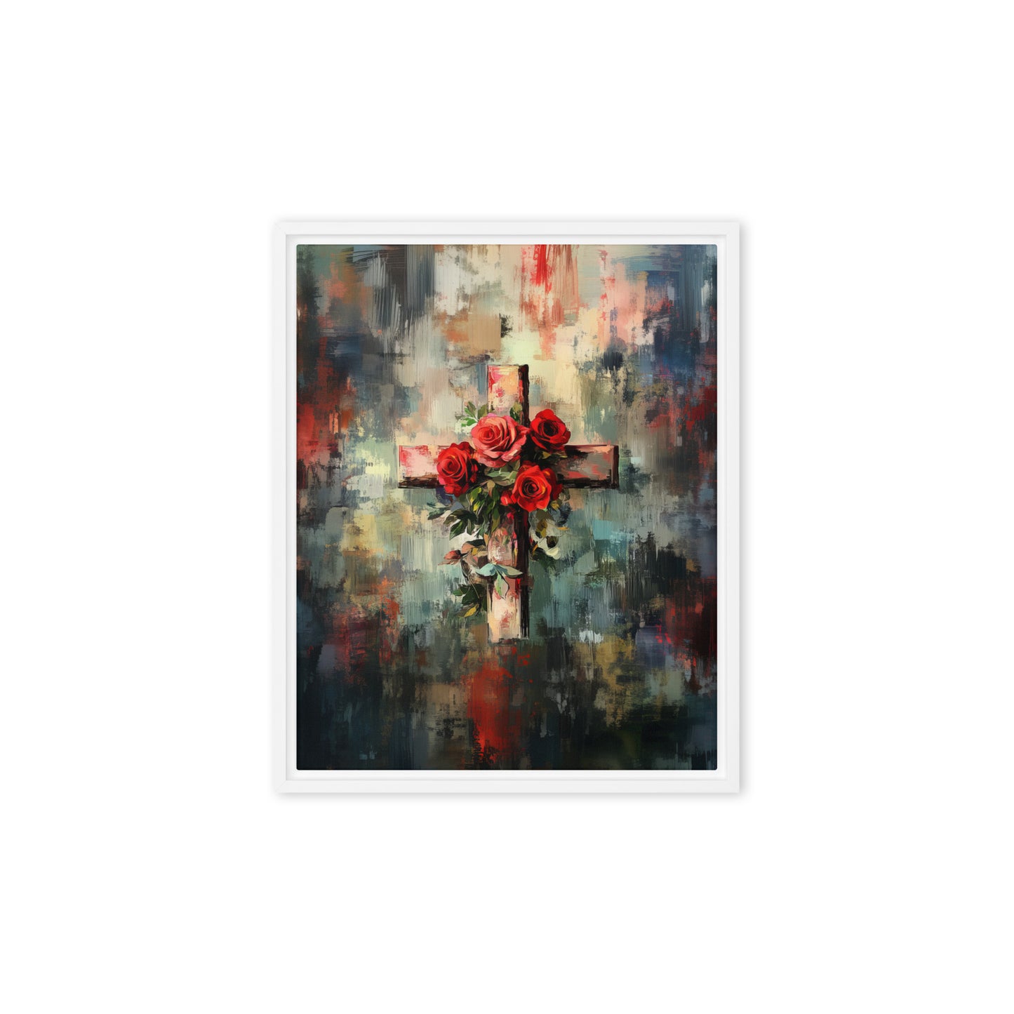 Cross of Roses - Framed Canvas Print    Unframed Canvas / 8″×10″-Unframed Canvas / 9″×12″-Unframed Canvas / 11″×14″-Unframed Canvas / 12″×12″-Unframed Canvas / 12″×16″-Unframed Canvas / 12″×18″-Unframed Canvas / 16″×16″-Unframed Canvas / 16″×20″-Unframed Canvas / 18″×24″-Unframed Canvas / 20″×28″