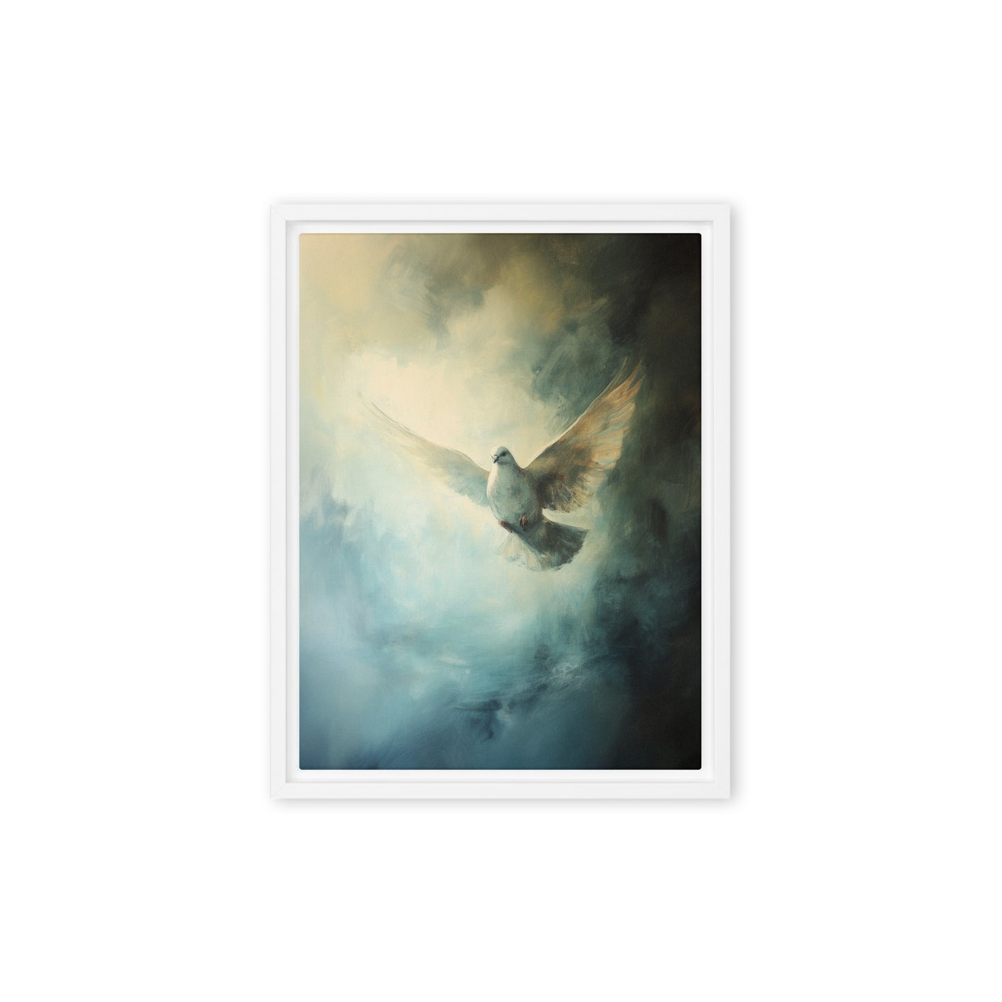 Peace Reigns - White Dove of Peace - Framed Canvas    Unframed Canvas / 8″×10″-Unframed Canvas / 9″×12″-Unframed Canvas / 11″×14″-Unframed Canvas / 12″×12″-Unframed Canvas / 12″×16″-Unframed Canvas / 12″×18″-Unframed Canvas / 16″×16″-Unframed Canvas / 16″×20″-Unframed Canvas / 18″×24″-Unframed Canvas / 20″×30″