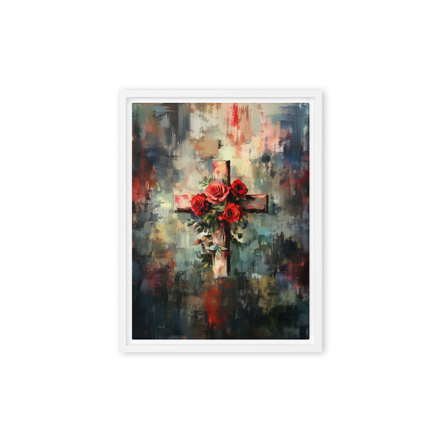 Cross of Roses - Framed Canvas Print    Unframed Canvas / 8″×10″-Unframed Canvas / 9″×12″-Unframed Canvas / 11″×14″-Unframed Canvas / 12″×12″-Unframed Canvas / 12″×16″-Unframed Canvas / 12″×18″-Unframed Canvas / 16″×16″-Unframed Canvas / 16″×20″-Unframed Canvas / 18″×24″-Unframed Canvas / 20″×28″