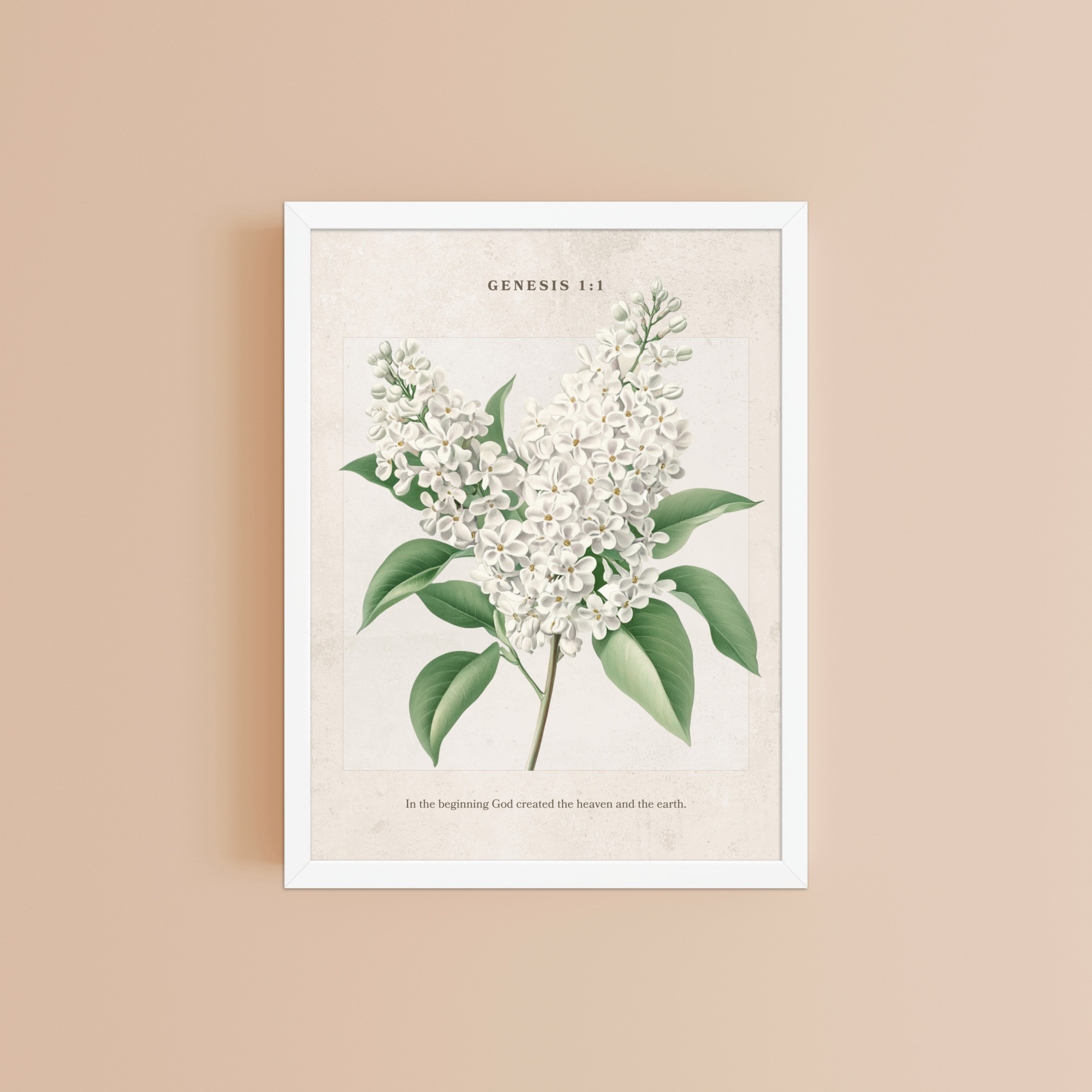 Genesis 1:1 - Vintage Style Floral on Beige Background    Unframed Matte Paper / 8″×10″-Unframed Matte Paper / 11″×14″-Unframed Matte Paper / 12″×16″-Unframed Matte Paper / 16″×20″-Unframed Matte Paper / 18″×24″-Black / 8″×10″-Black / 11″×14″-Black / 12″×16″-Black / 16″×20″-Black / 18″×24″