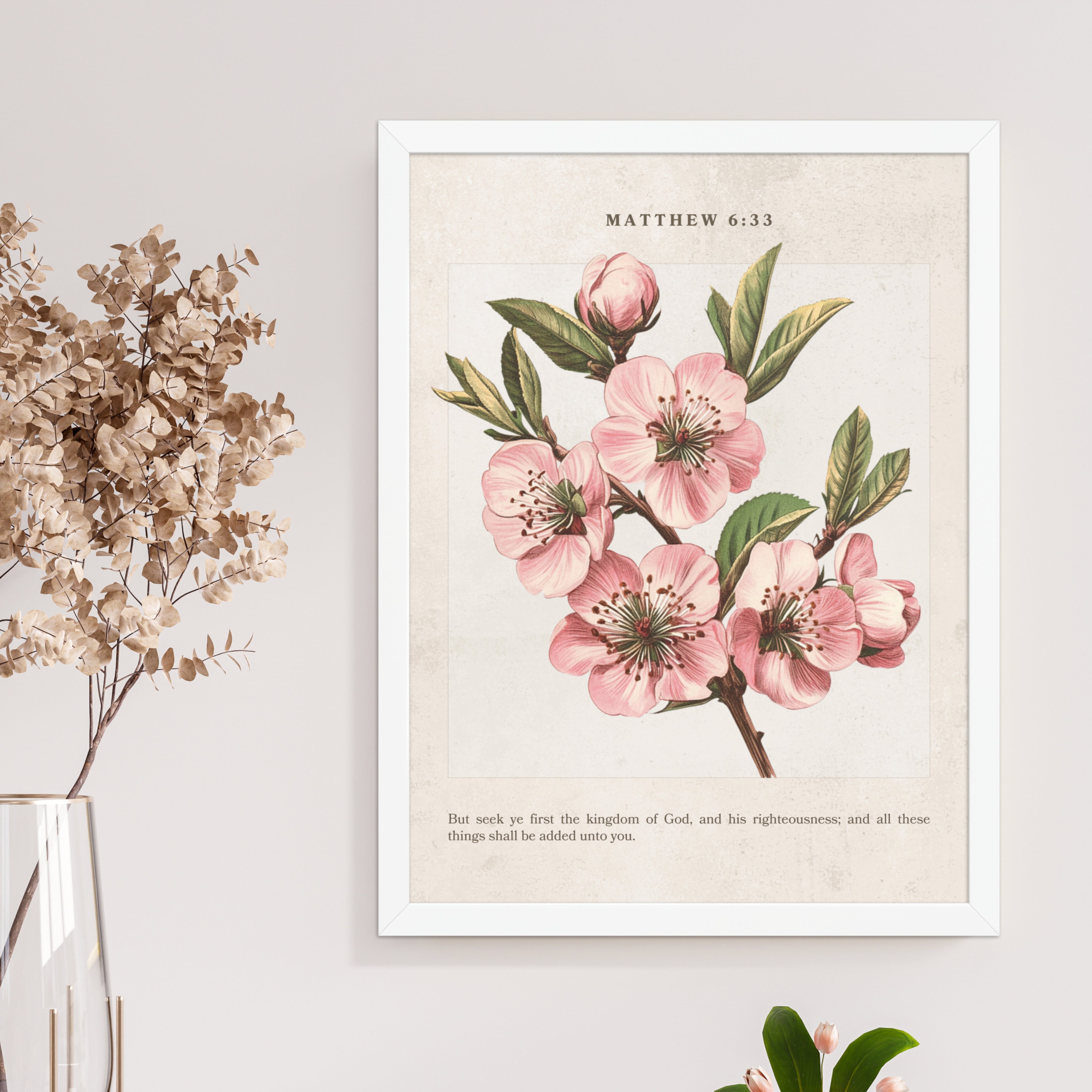 Matthew 6:33 - Vintage Colorful Floral on Beige Background Unframed Matte Paper / 8″×10″-Unframed Matte Paper / 11″×14″-Unframed Matte Paper / 12″×16″-Unframed Matte Paper / 16″×20″-Unframed Matte Paper / 18″×24″-Black / 8″×10″-Black / 11″×14″-Black / 12″×16″-Black / 16″×20″-Black / 18″×24″