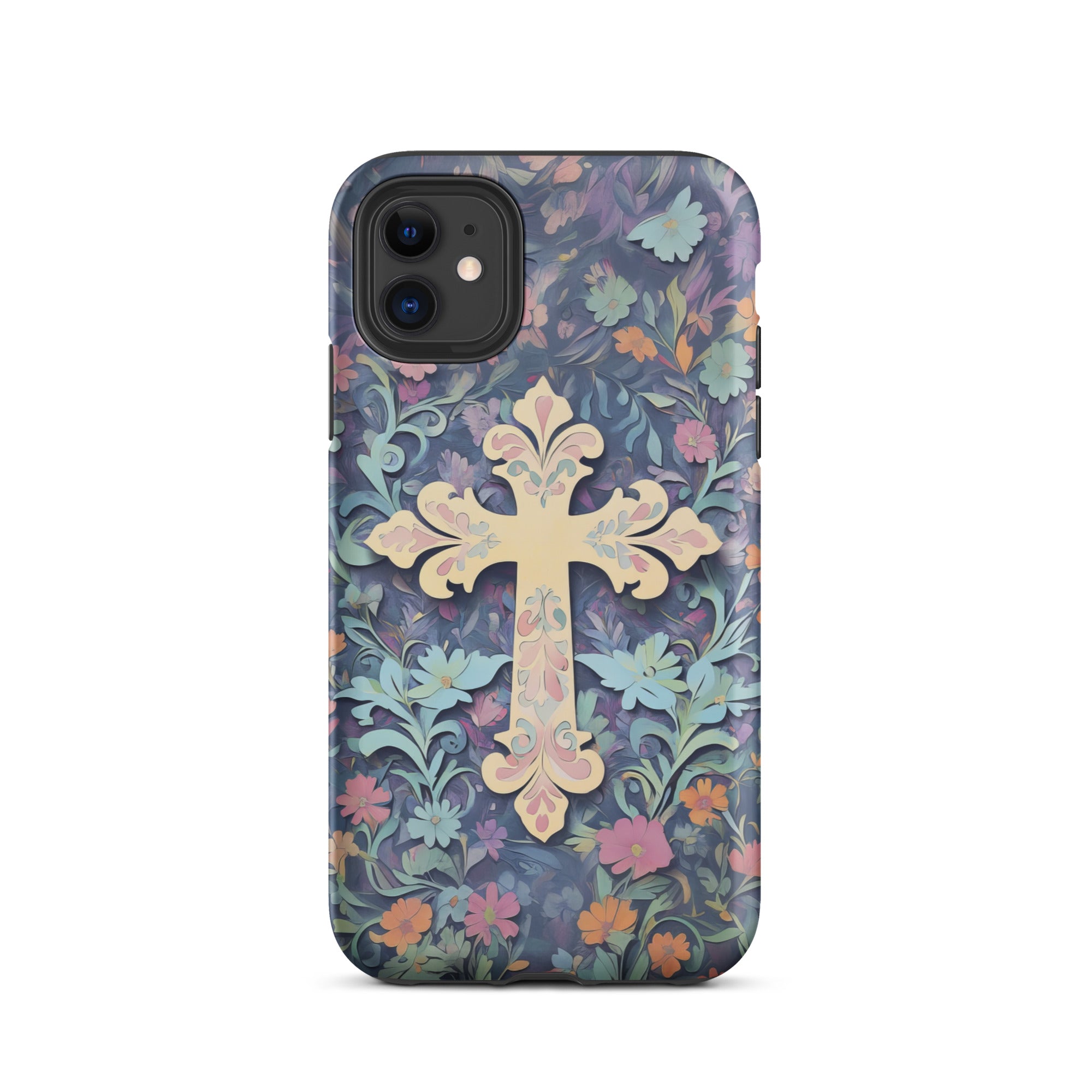 Christian Cross On Floral Background – Tough Case for iPhone & Samsung    Glossy / iPhone 11-Glossy / iPhone 11 Pro-Glossy / iPhone 11 Pro Max-Glossy / iPhone 12 mini-Glossy / iPhone 12-Glossy / iPhone 12 Pro-Glossy / iPhone 12 Pro Max-Glossy / iPhone 13 mini-Glossy / iPhone 13-Glossy / iPhone 13 Pro