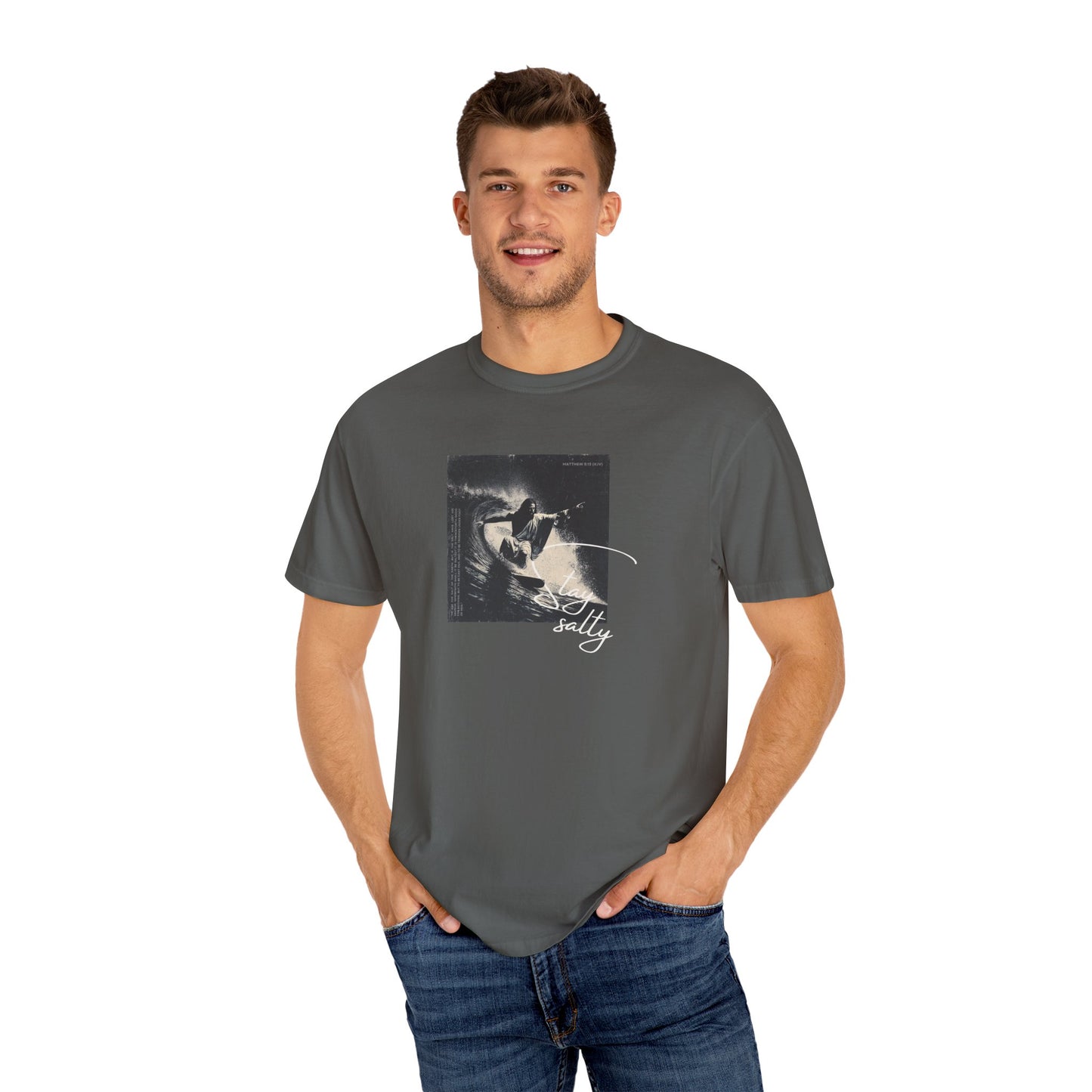 Stay Salty Surfer Tee – Script Christian Beachwear Matthew 5:13    Black / S-Bay / S-Berry / S-Blue Spruce / S-Brick / S 
