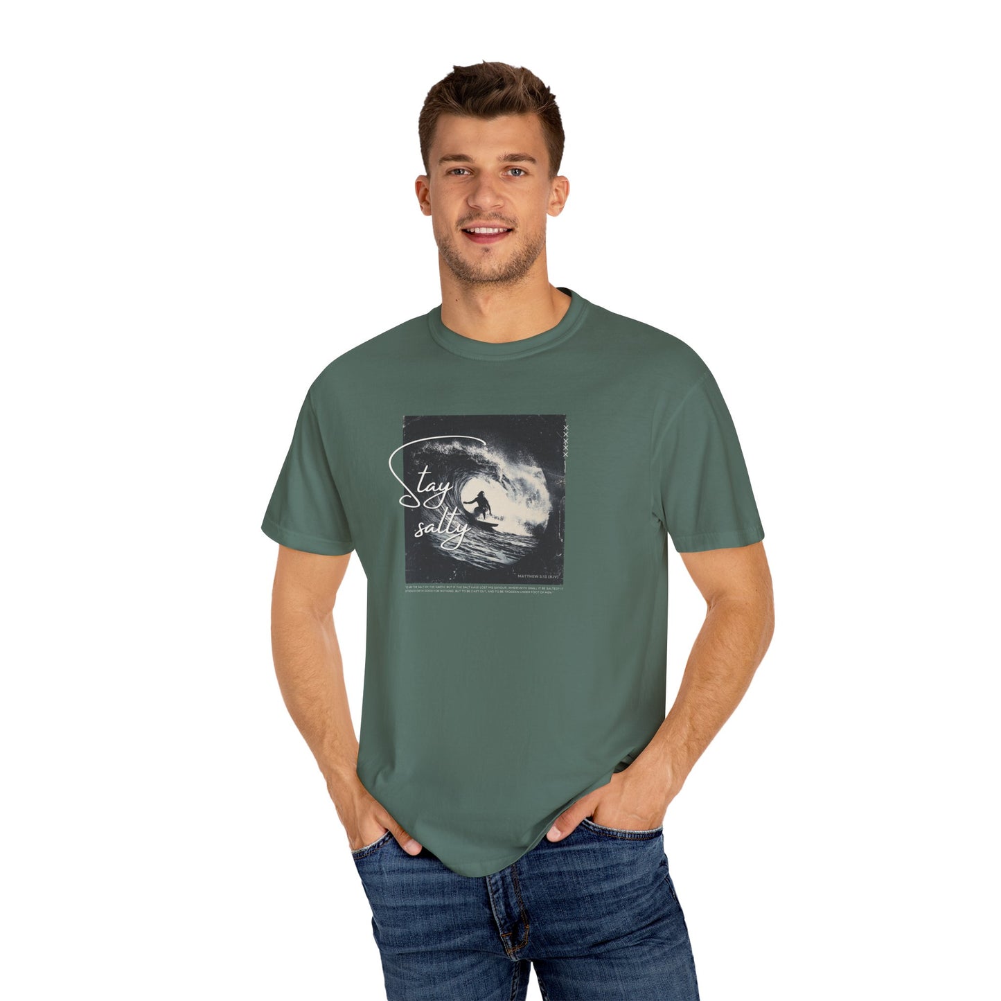 Stay Salty Surfer Tee – Christian Beachwear Inspired by Matthew 5:13    Black / S-Bay / S-Berry / S-Blue Spruce / S-Brick / S 