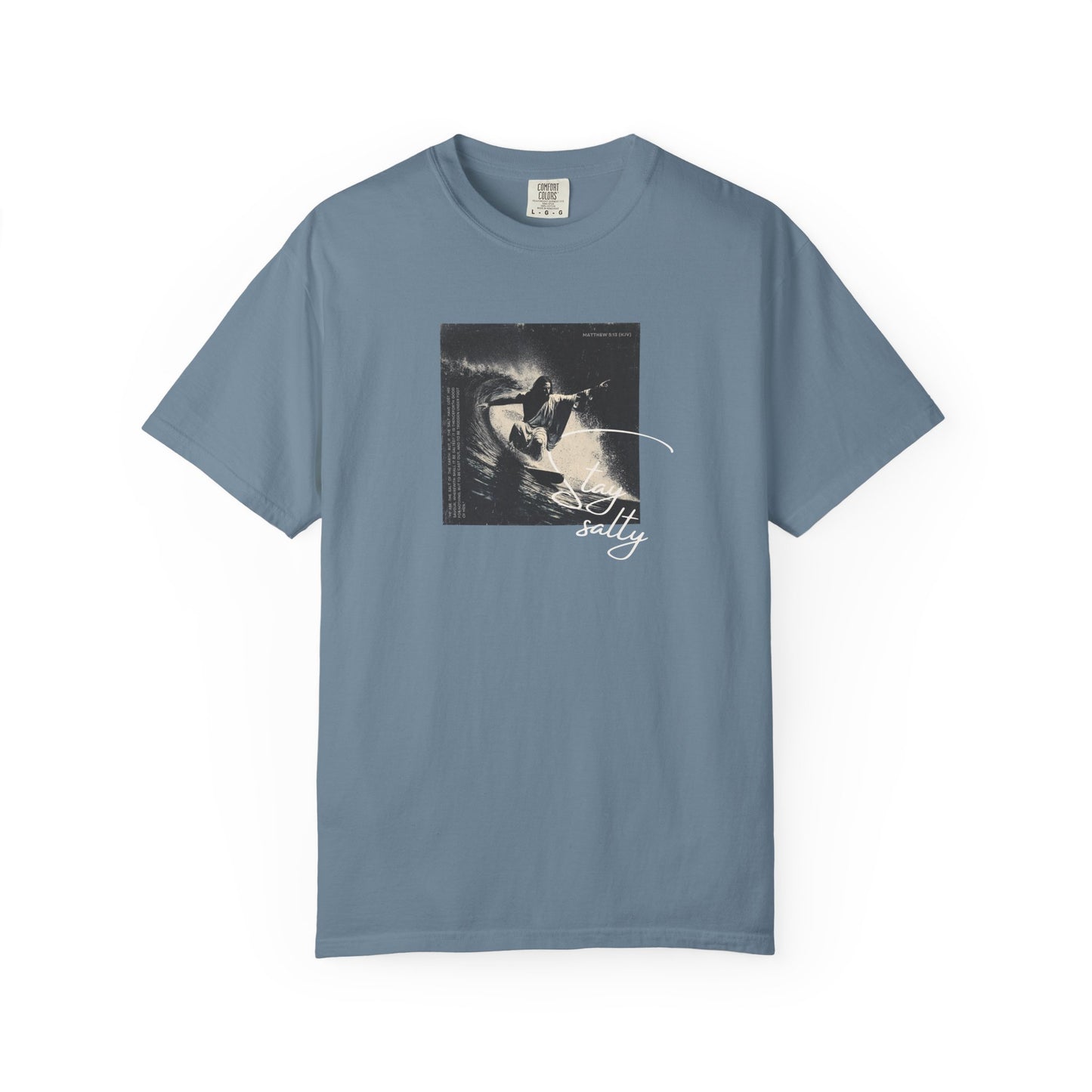 Stay Salty Surfer Tee – Script Christian Beachwear Matthew 5:13    Black / S-Bay / S-Berry / S-Blue Spruce / S-Brick / S 