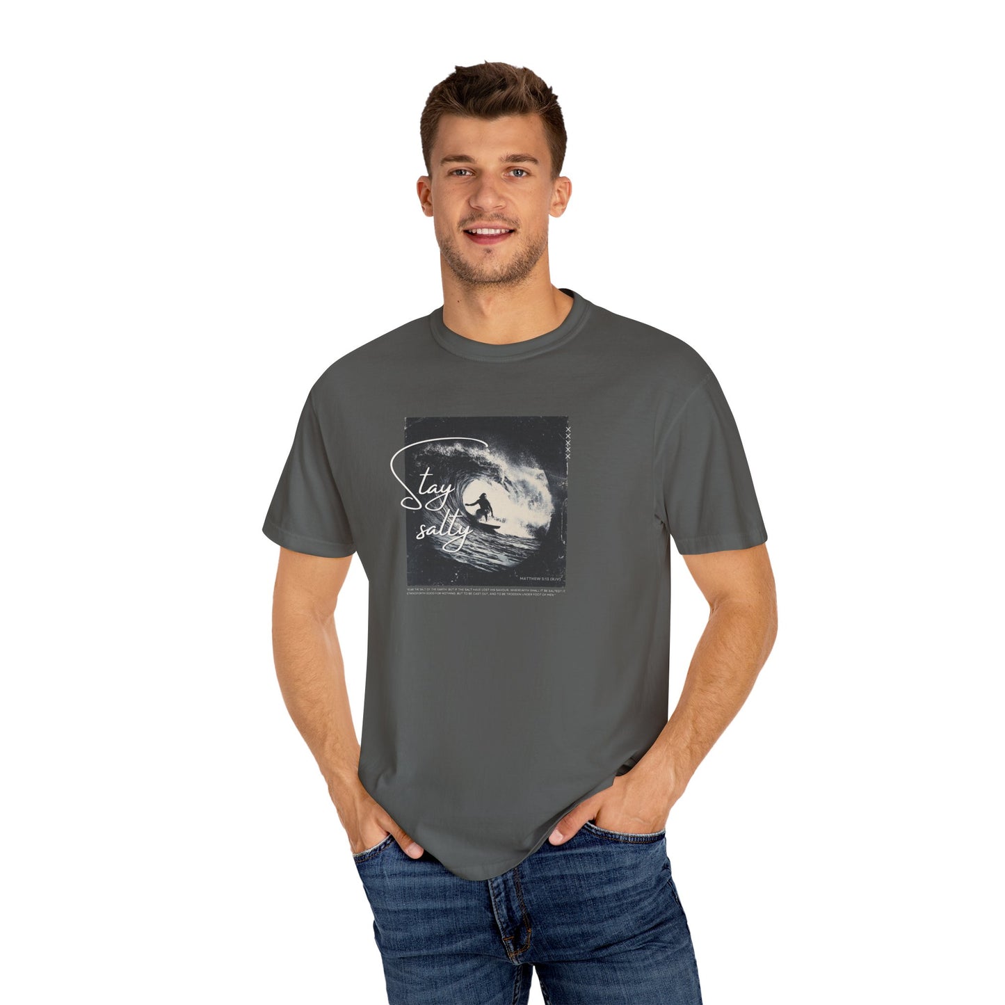 Stay Salty Surfer Tee – Christian Beachwear Inspired by Matthew 5:13    Black / S-Bay / S-Berry / S-Blue Spruce / S-Brick / S 