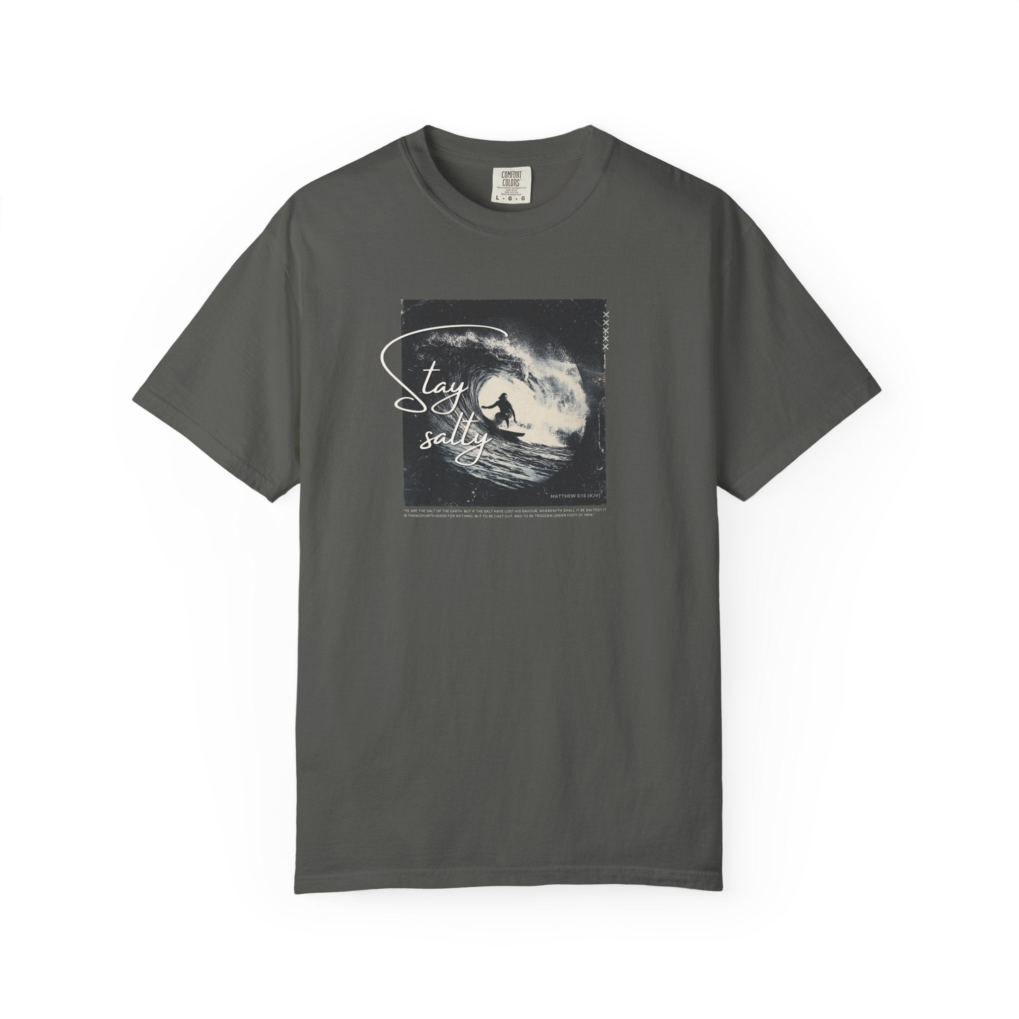 Stay Salty Surfer Tee – Christian Beachwear Inspired by Matthew 5:13    Black / S-Bay / S-Berry / S-Blue Spruce / S-Brick / S 