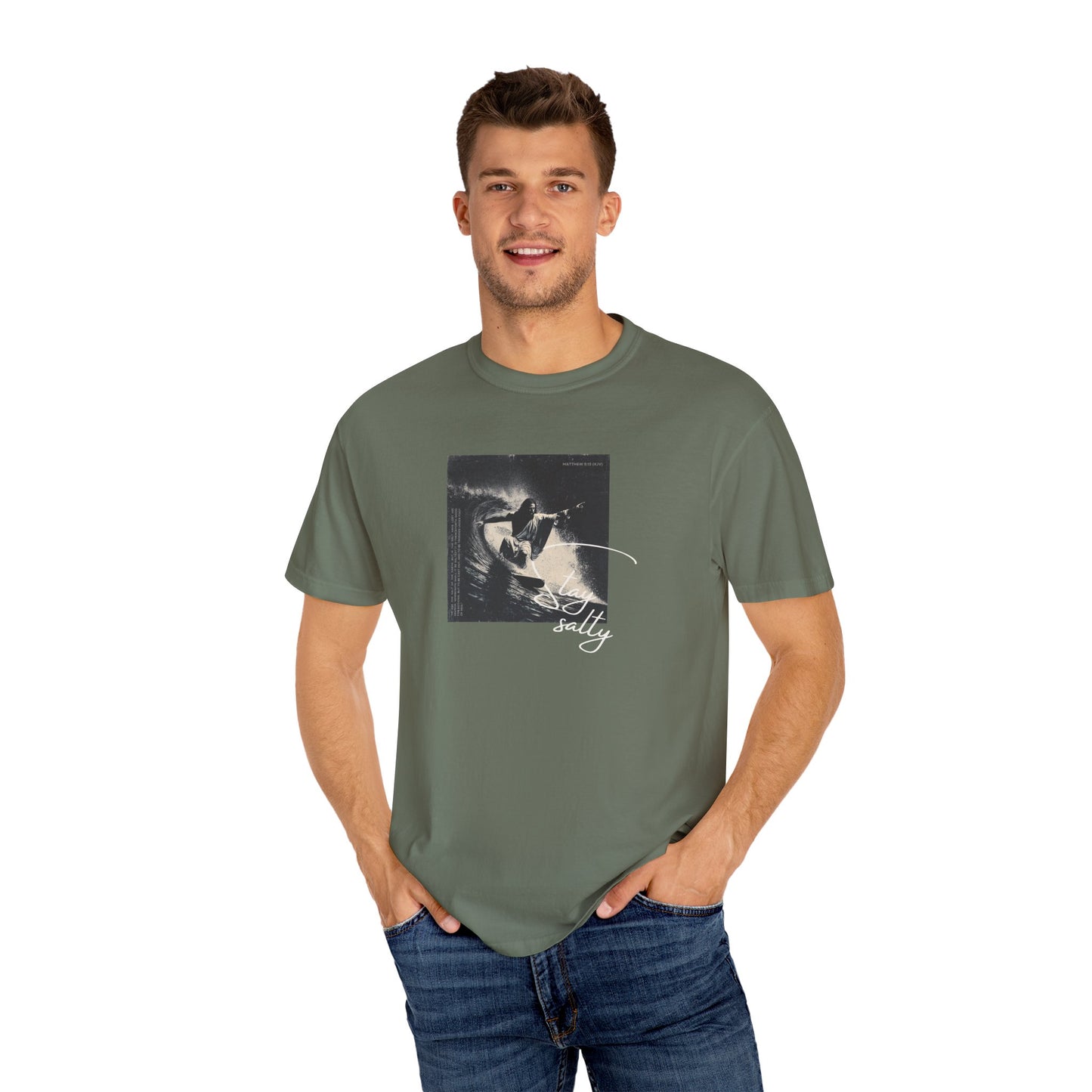 Stay Salty Surfer Tee – Script Christian Beachwear Matthew 5:13    Black / S-Bay / S-Berry / S-Blue Spruce / S-Brick / S 