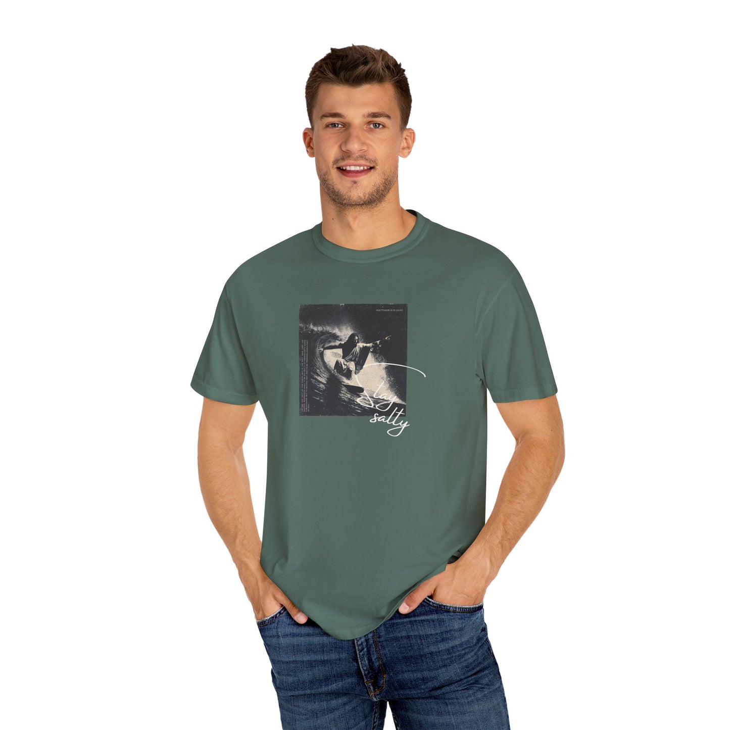 Stay Salty Surfer Tee – Script Christian Beachwear Matthew 5:13    Black / S-Bay / S-Berry / S-Blue Spruce / S-Brick / S 