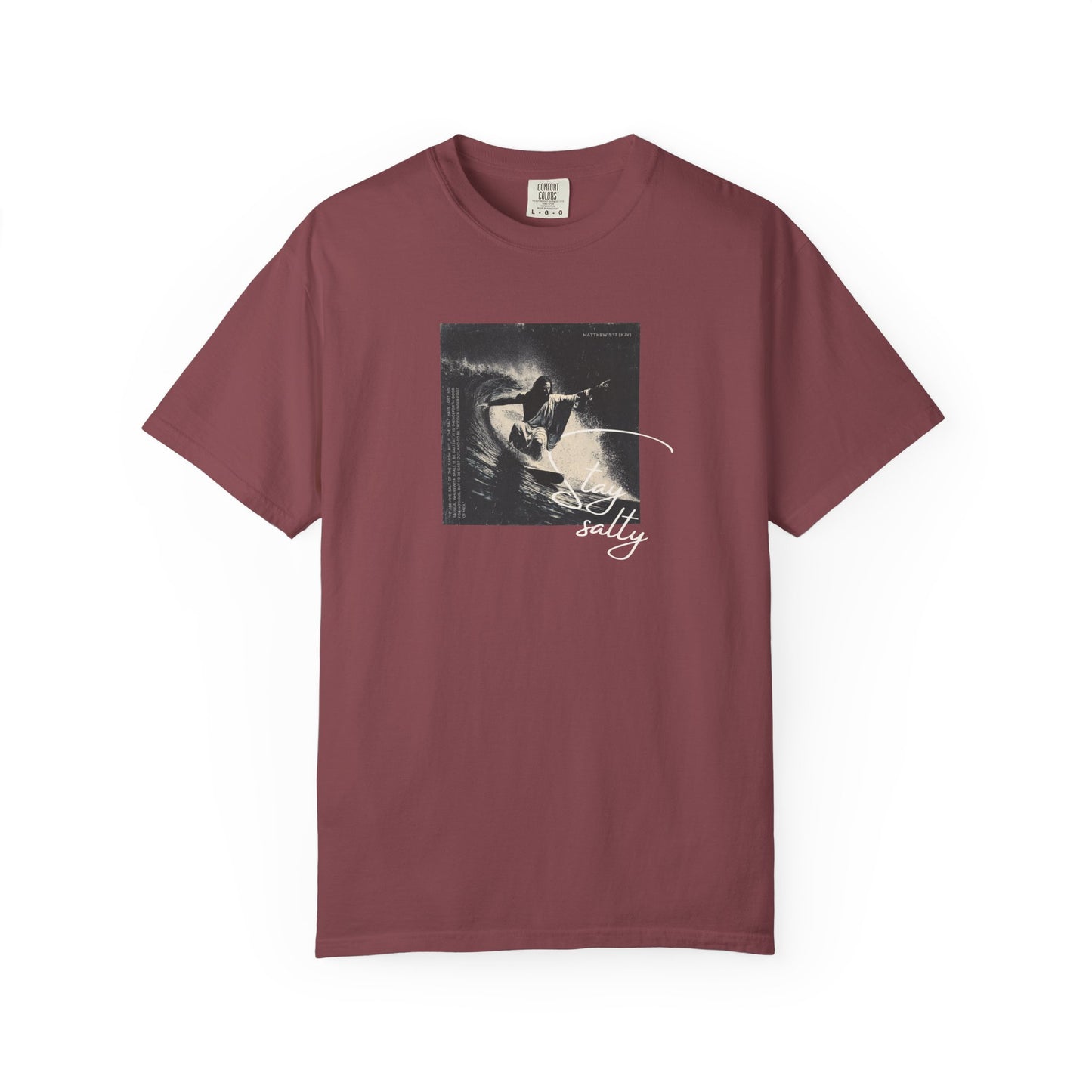 Stay Salty Surfer Tee – Script Christian Beachwear Matthew 5:13    Black / S-Bay / S-Berry / S-Blue Spruce / S-Brick / S 