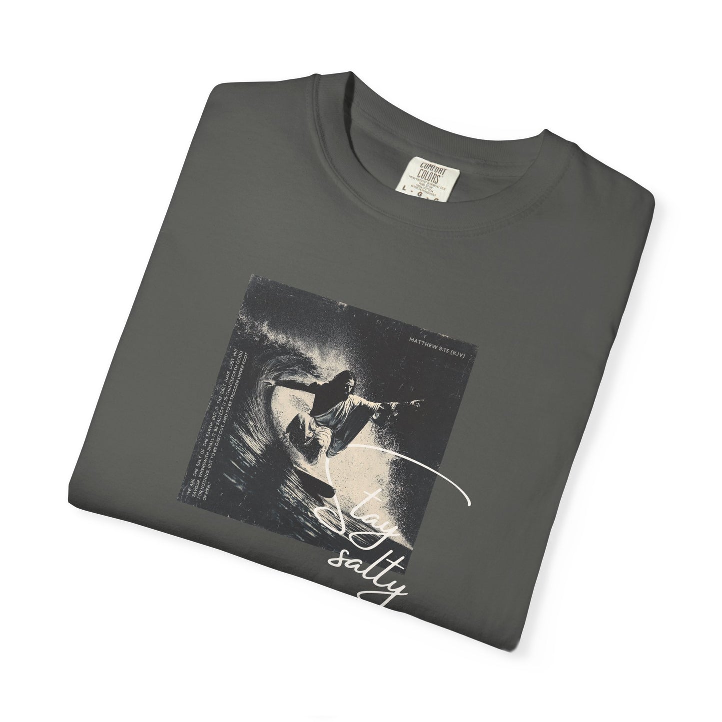 Stay Salty Surfer Tee – Script Christian Beachwear Matthew 5:13    Black / S-Bay / S-Berry / S-Blue Spruce / S-Brick / S 