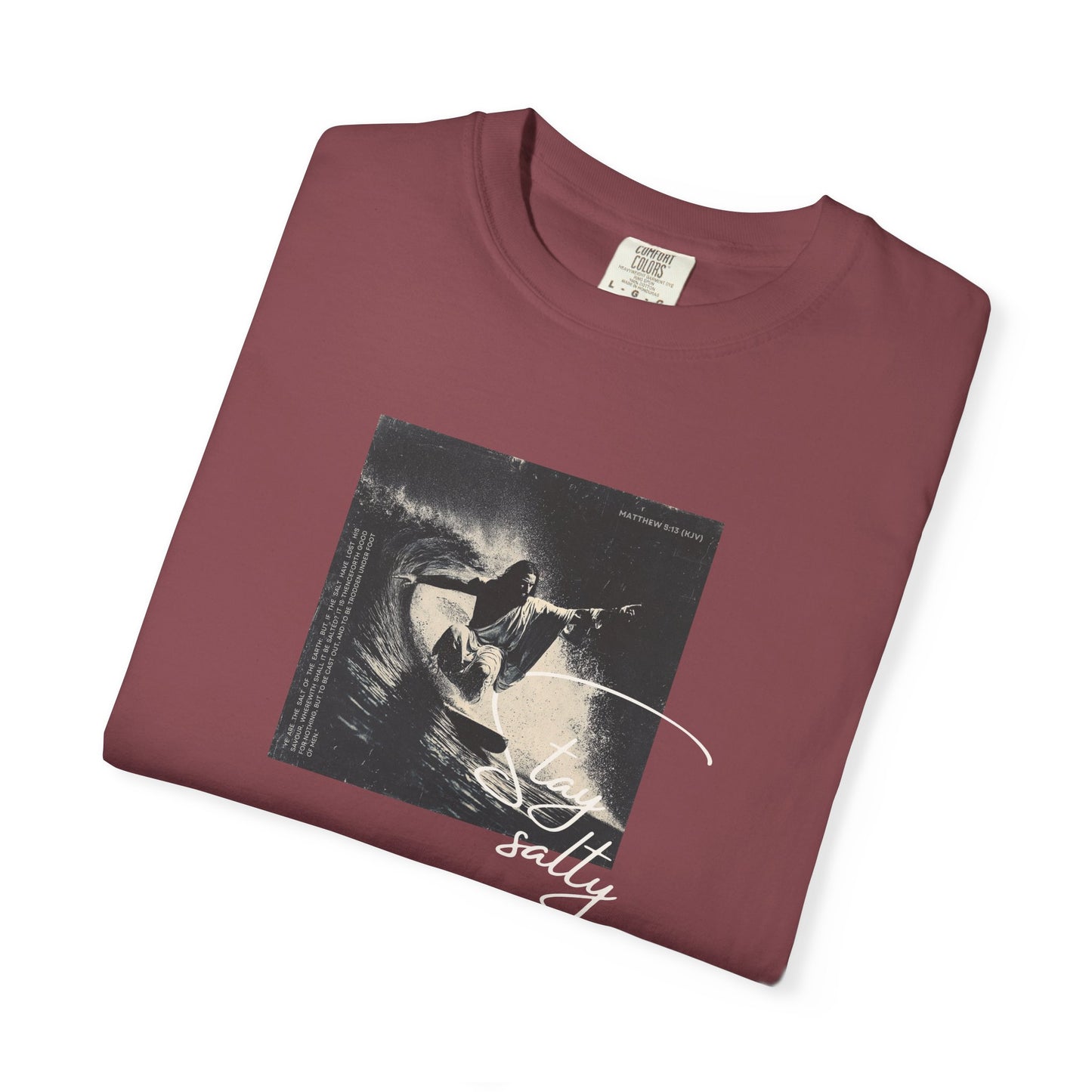 Stay Salty Surfer Tee – Script Christian Beachwear Matthew 5:13    Black / S-Bay / S-Berry / S-Blue Spruce / S-Brick / S 