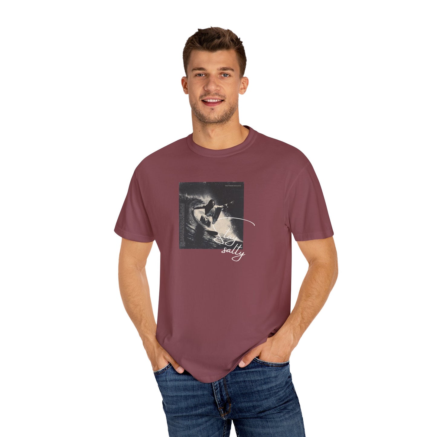Stay Salty Surfer Tee – Script Christian Beachwear Matthew 5:13    Black / S-Bay / S-Berry / S-Blue Spruce / S-Brick / S 