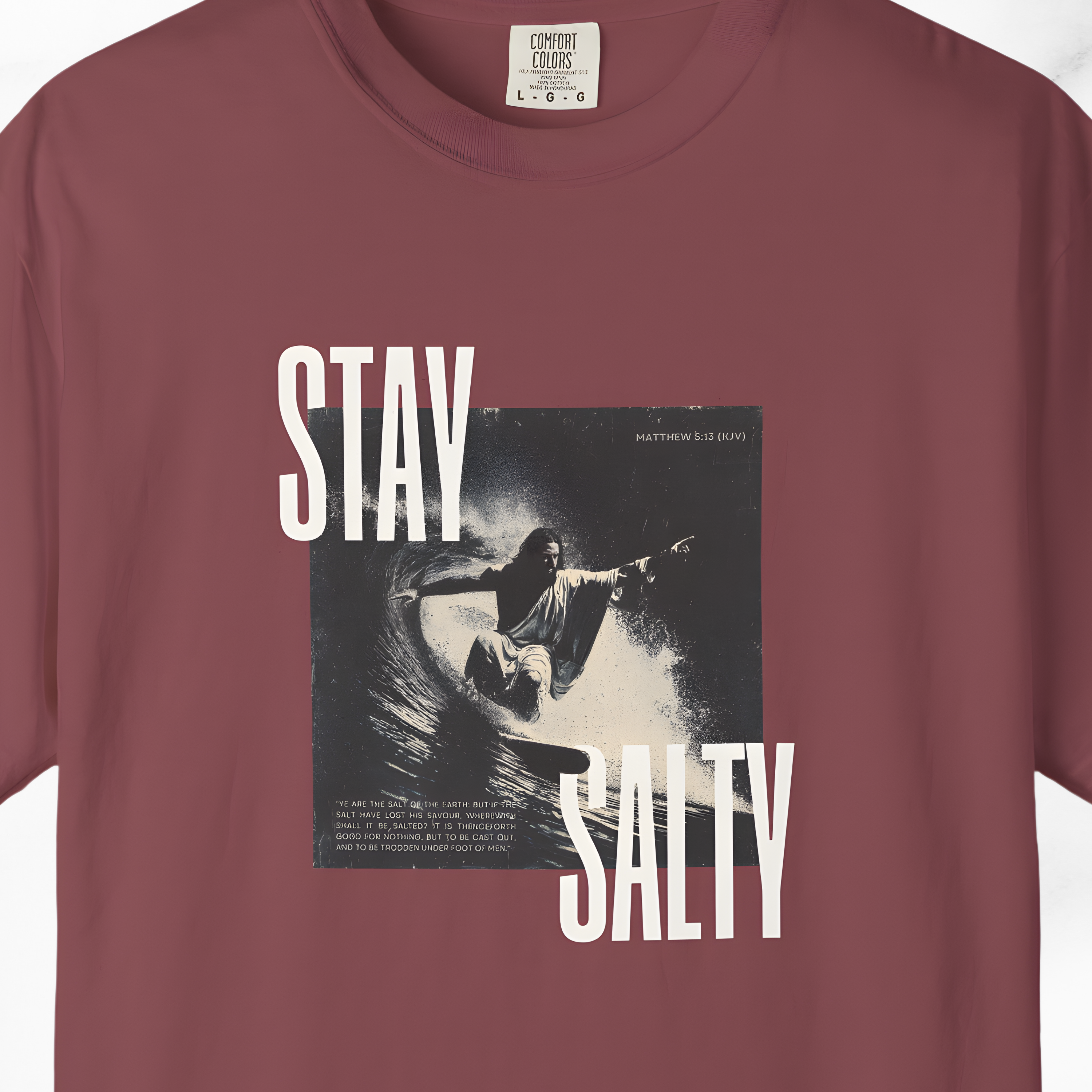 Stay Salty Surfer Tee – Script Christian Beachwear Matthew 5:13    Black / S-Bay / S-Berry / S-Blue Spruce / S-Brick / S 