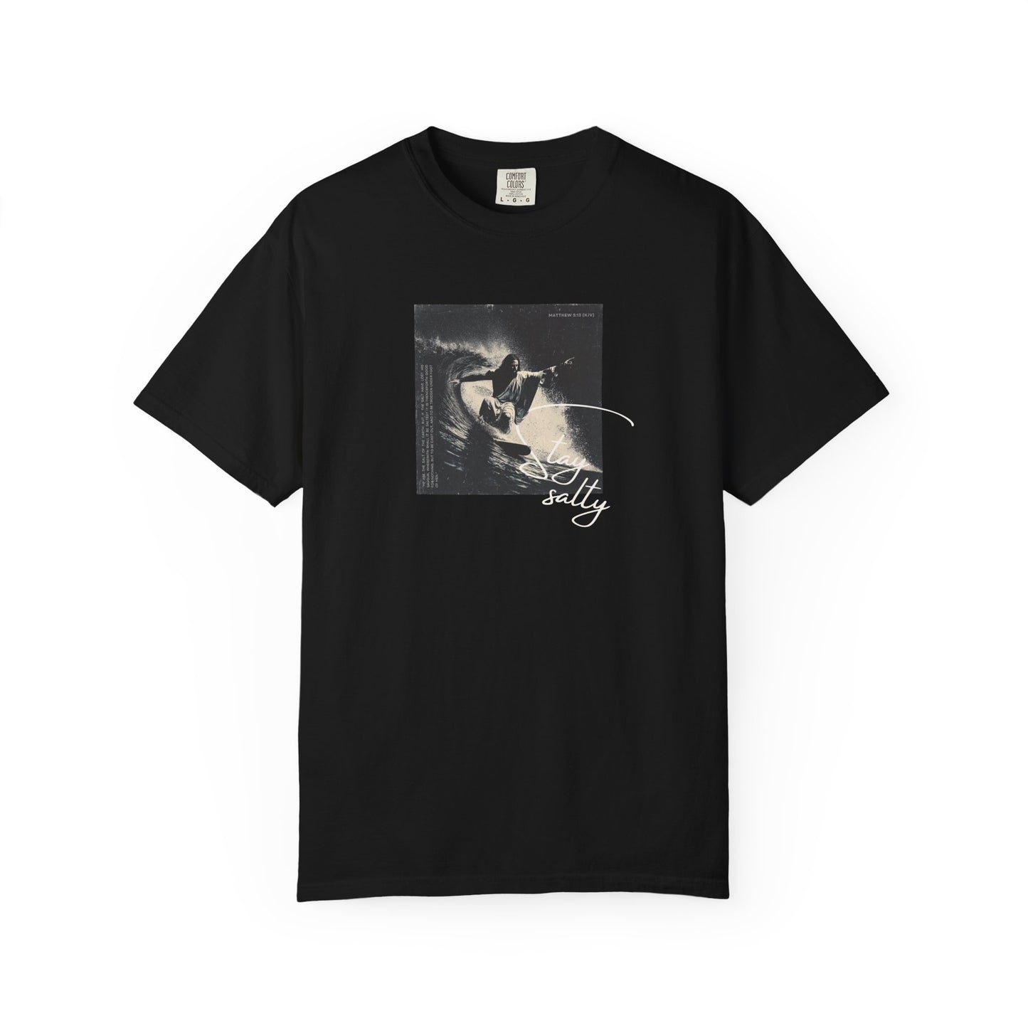 Stay Salty Surfer Tee – Script Christian Beachwear Matthew 5:13    Black / S-Bay / S-Berry / S-Blue Spruce / S-Brick / S 