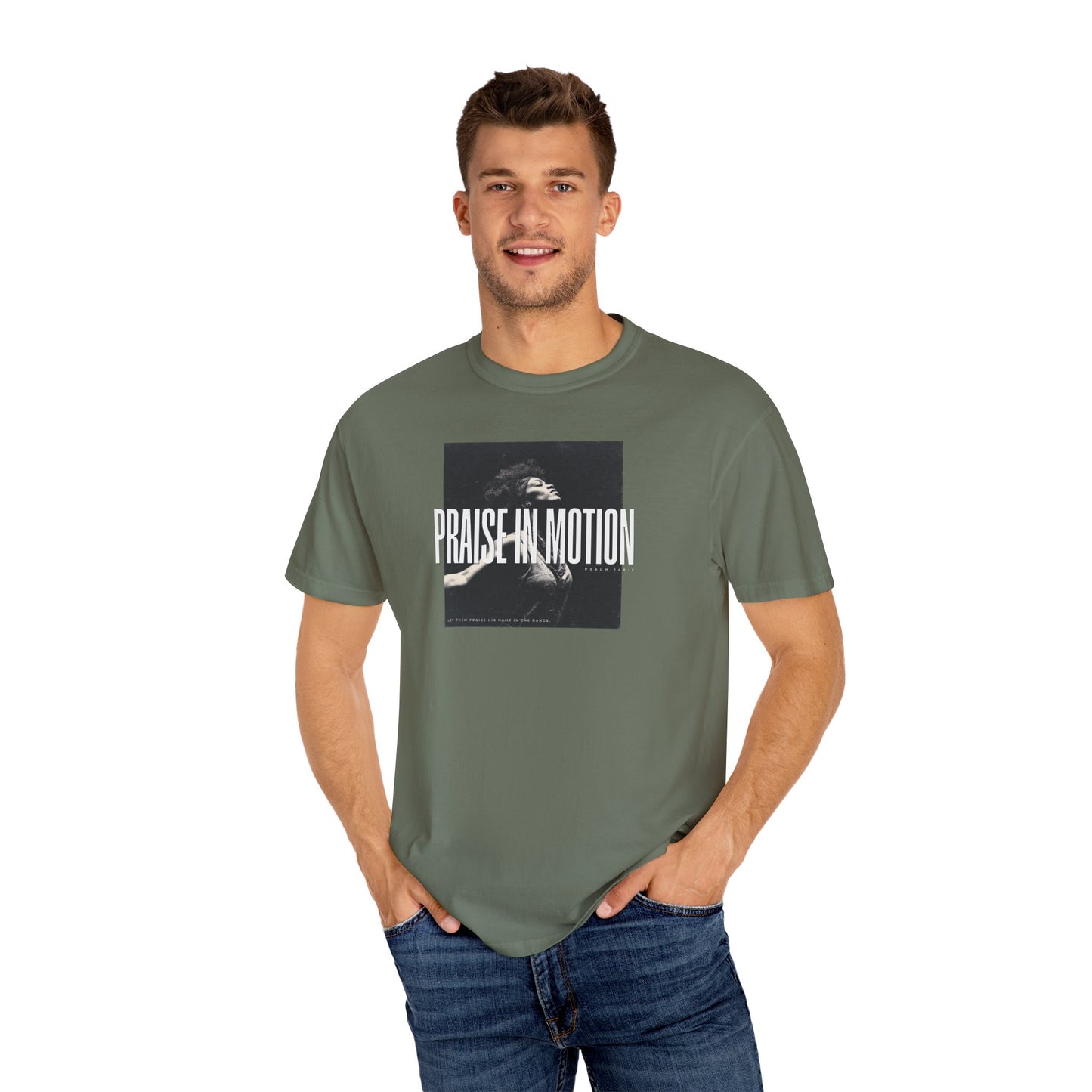 Praise in Motion – Soft Christian Tee with Psalm 149:3    Black / S-White / S-Bay / S-Berry / S-Blue Spruce / S 