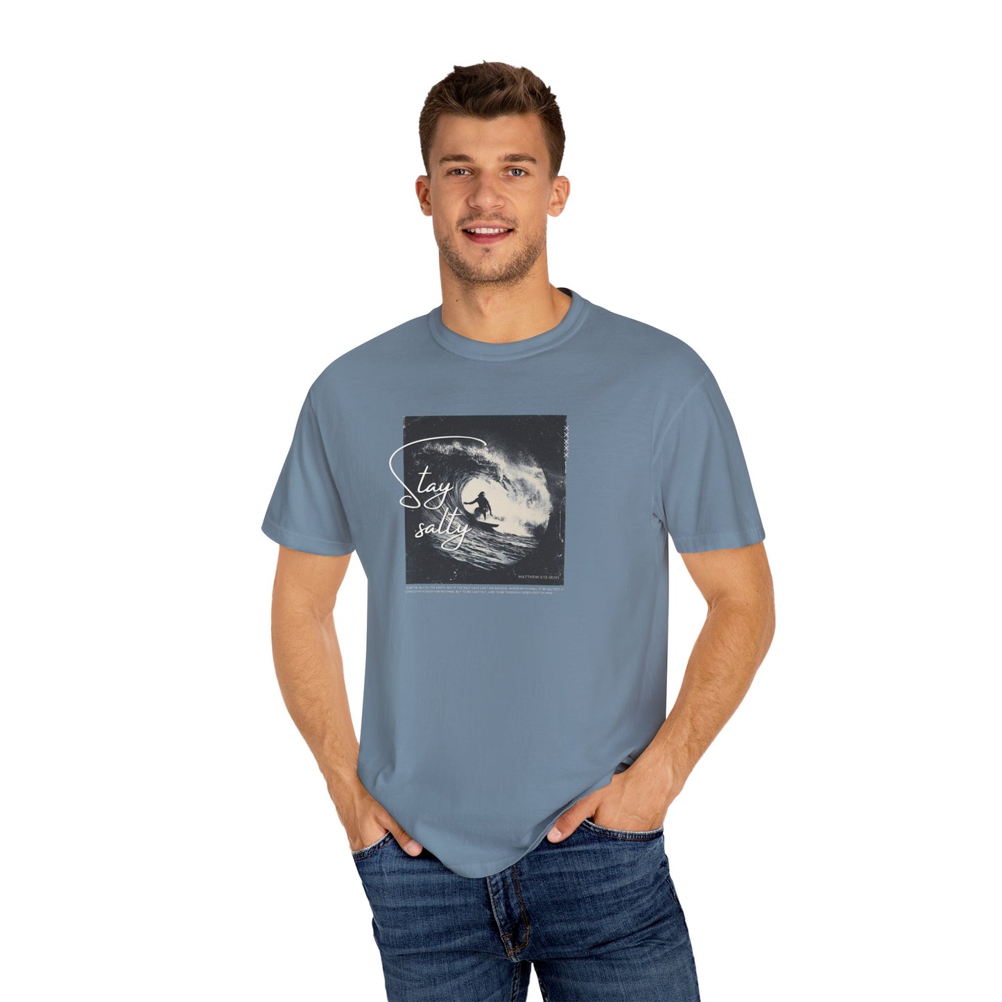 Stay Salty Surfer Tee – Christian Beachwear Inspired by Matthew 5:13    Black / S-Bay / S-Berry / S-Blue Spruce / S-Brick / S 