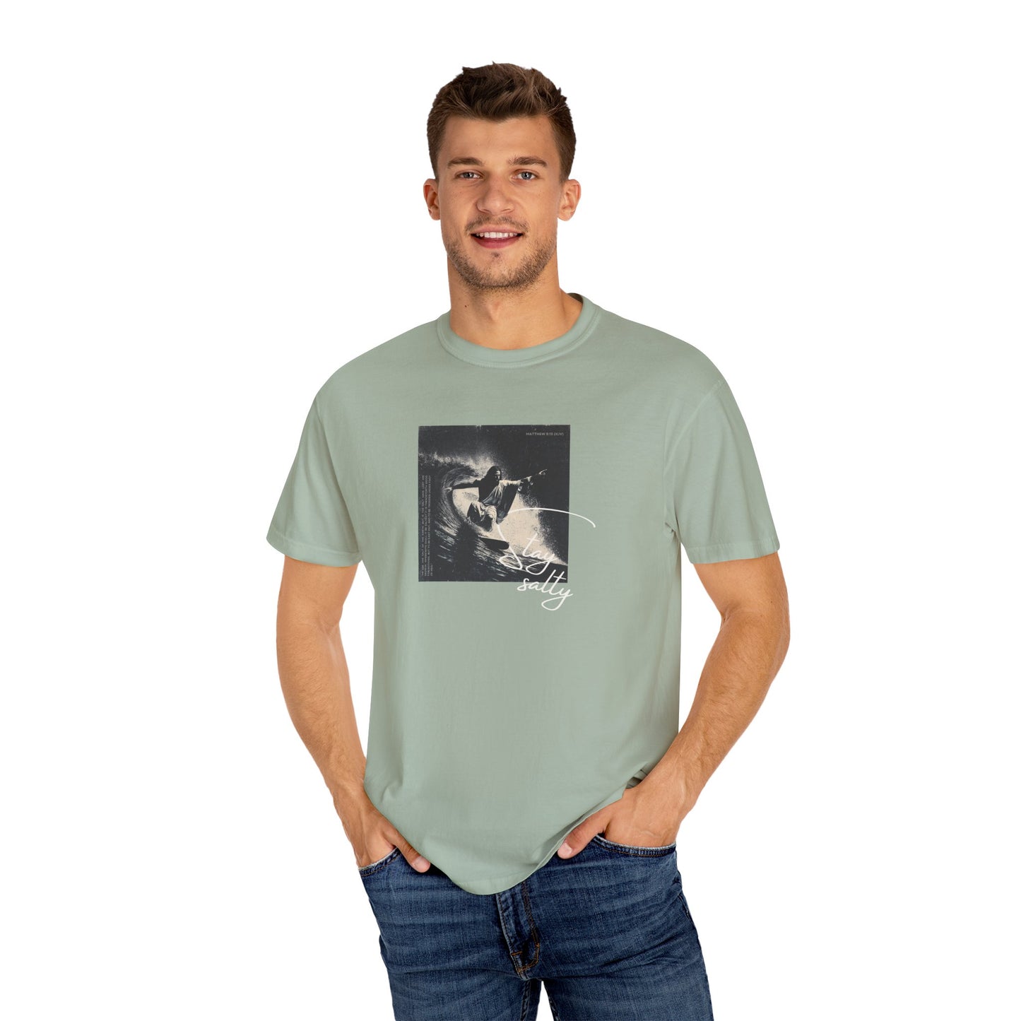 Stay Salty Surfer Tee – Script Christian Beachwear Matthew 5:13    Black / S-Bay / S-Berry / S-Blue Spruce / S-Brick / S 