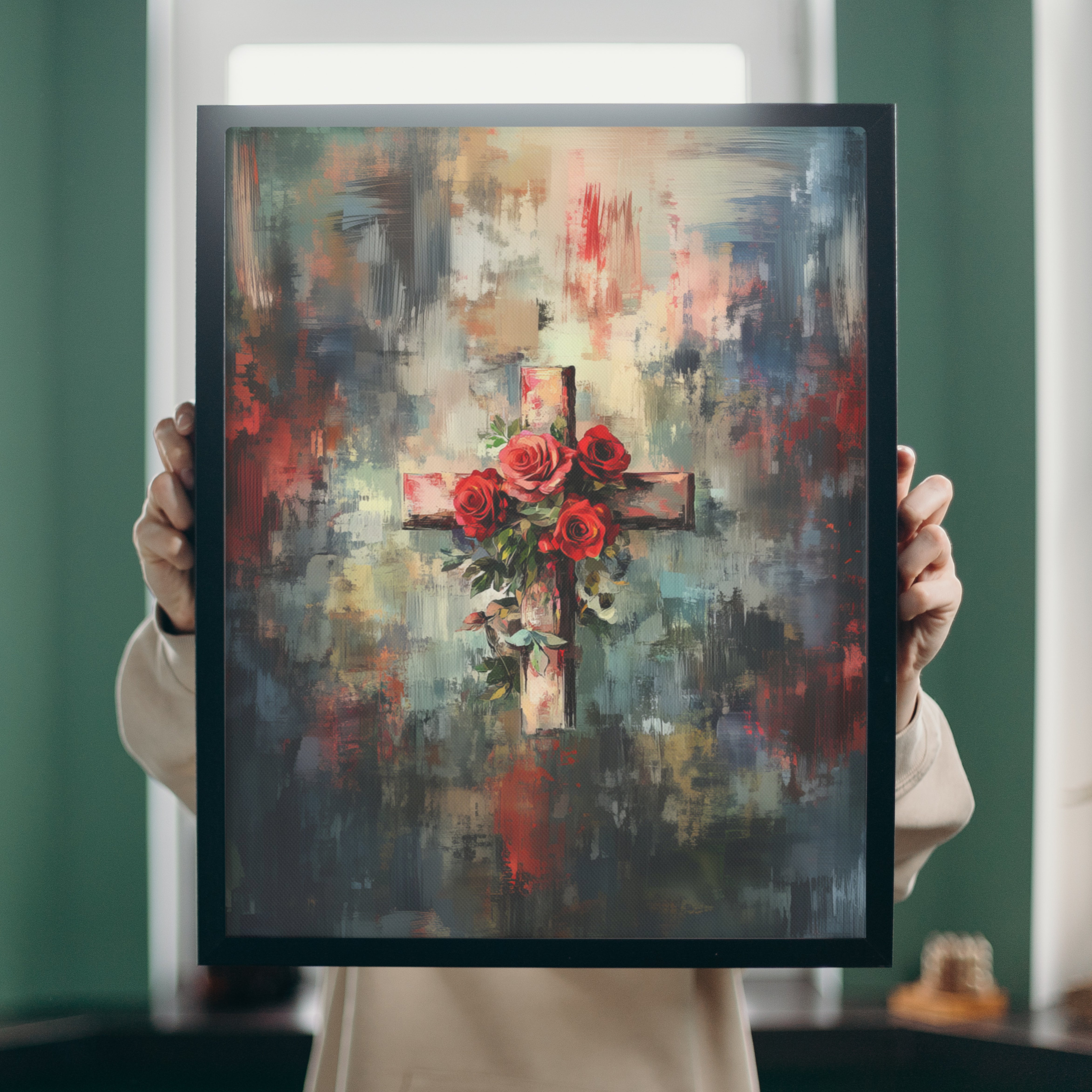 Cross of Roses - Framed Canvas Print