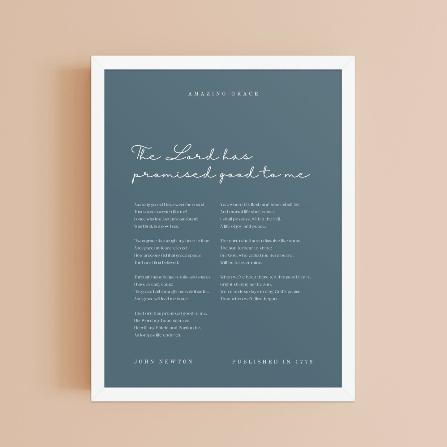 Amazing Grace Hymn Wall Art Over Blue Background    5"x7" / Unframed Matte Paper-8″×10″ / Unframed Matte Paper-8″×10″ / Black-8″×10″ / Red Oak-8″×10″ / White-11″×14″ / Unframed Matte Paper-11″×14″ / Black-11″×14″ / Red Oak-11″×14″ / White-12″×16″ / Unframed Matte Paper 