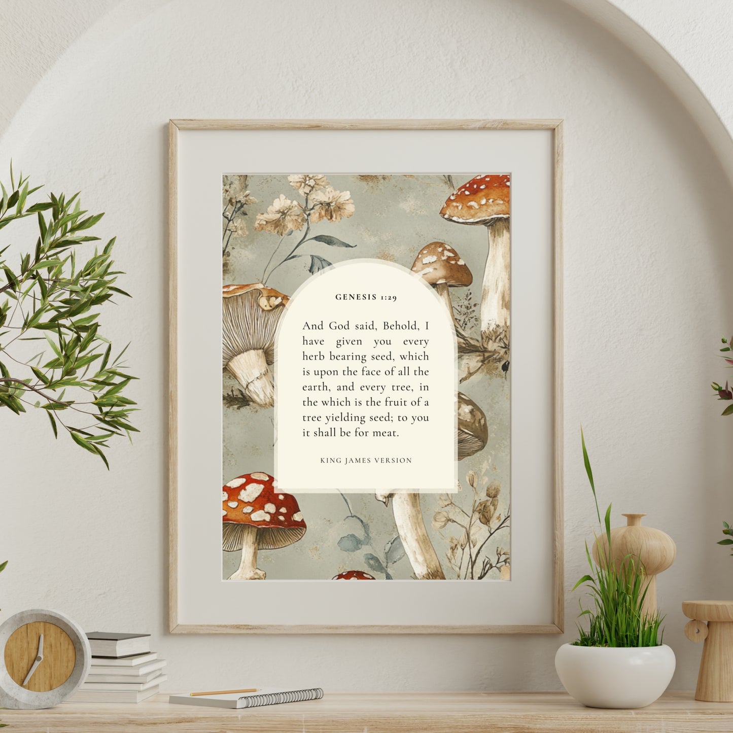 bible verse about plants and seeds Genesis Verse 1:29 Wall Art on Mushrooms Background