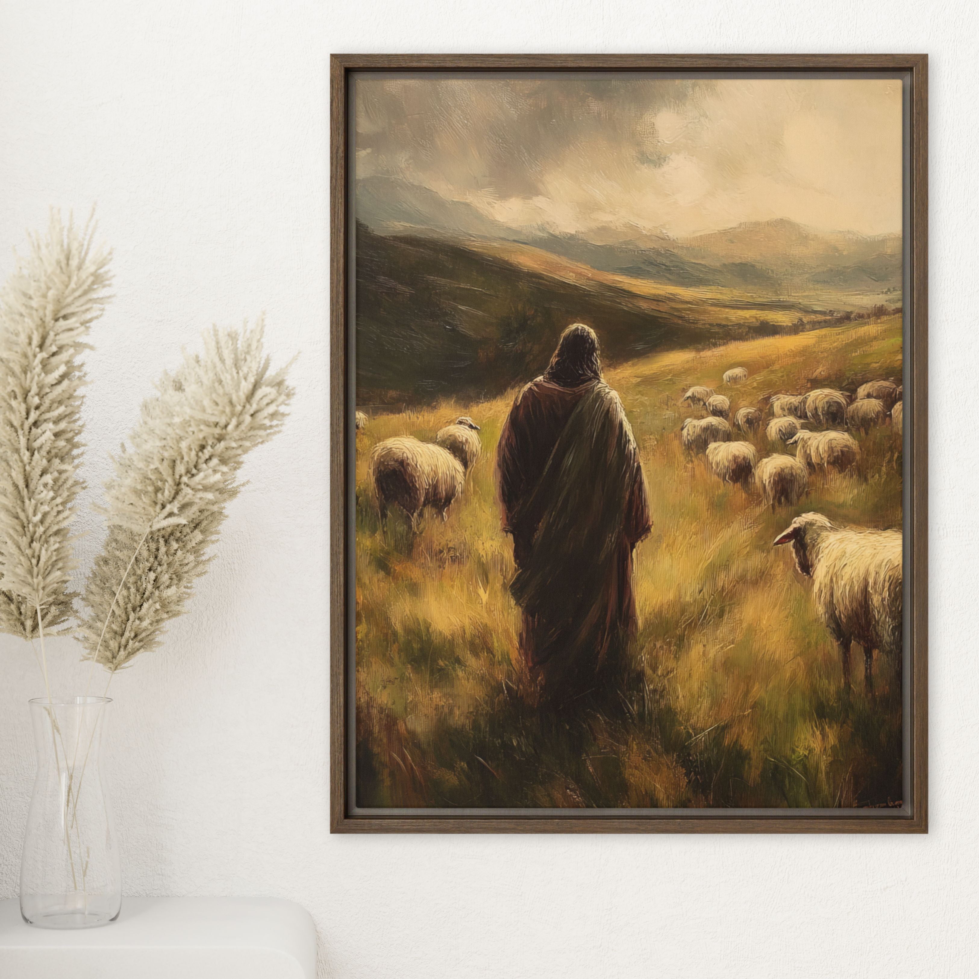 Jesus and His Herd - Framed Canvas Print    Unframed Canvas / 8″×10″-Unframed Canvas / 9″×12″-Unframed Canvas / 11″×14″-Unframed Canvas / 12″×12″-Unframed Canvas / 12″×16″-Unframed Canvas / 12″×18″-Unframed Canvas / 16″×16″-Unframed Canvas / 16″×20″-Unframed Canvas / 18″×24″-Unframed Canvas / 20″×28″ 