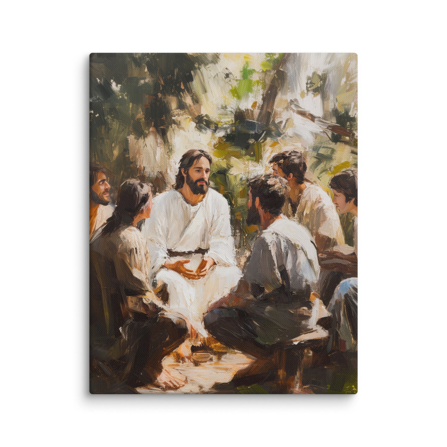 Words of Jesus framed canvas print showing teaching scene outdoors in impressionist style painting with natural lighting