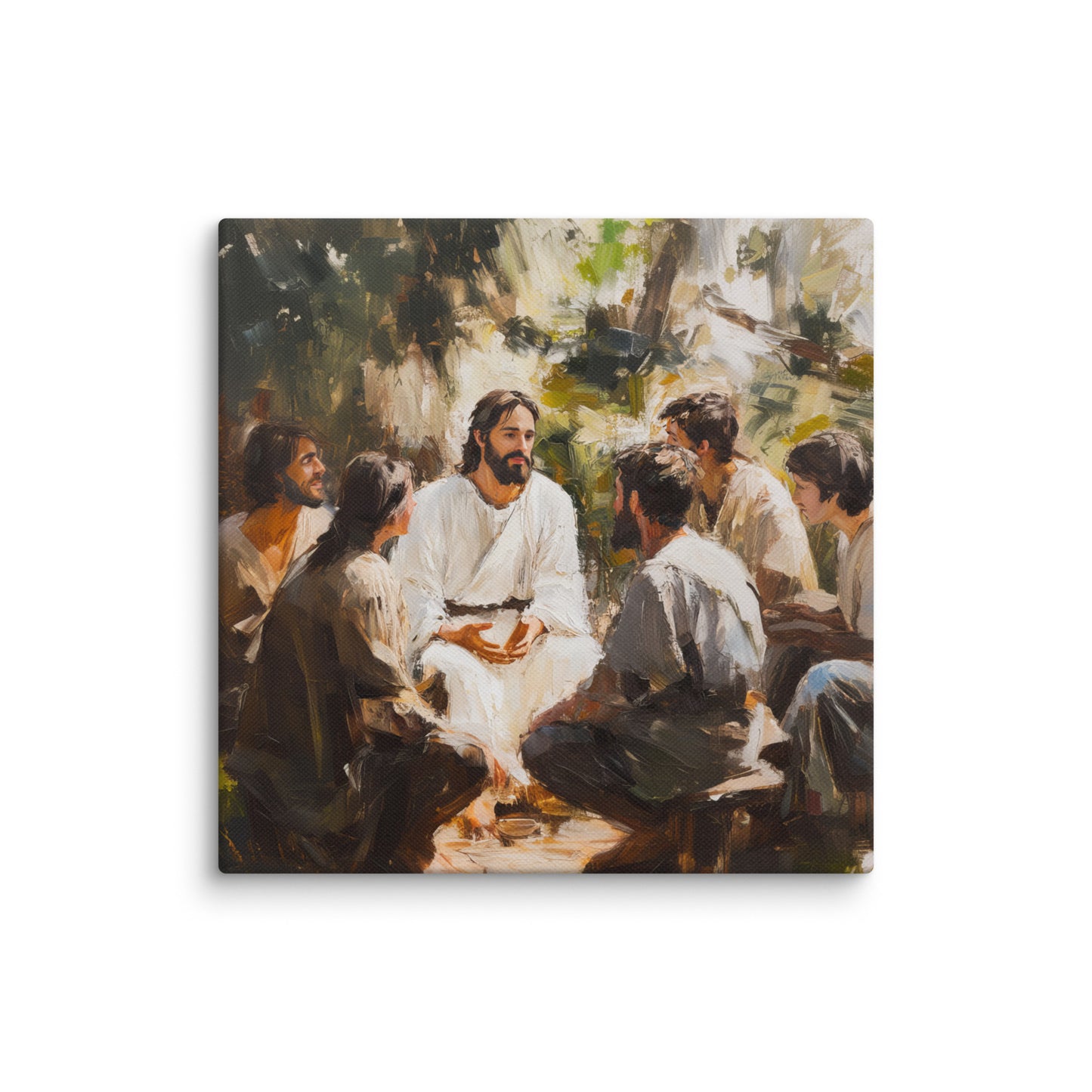 A teaching scene depicted in artistic brushstrokes on framed canvas print titled Words of Jesus, showing a gathering in natural outdoor setting