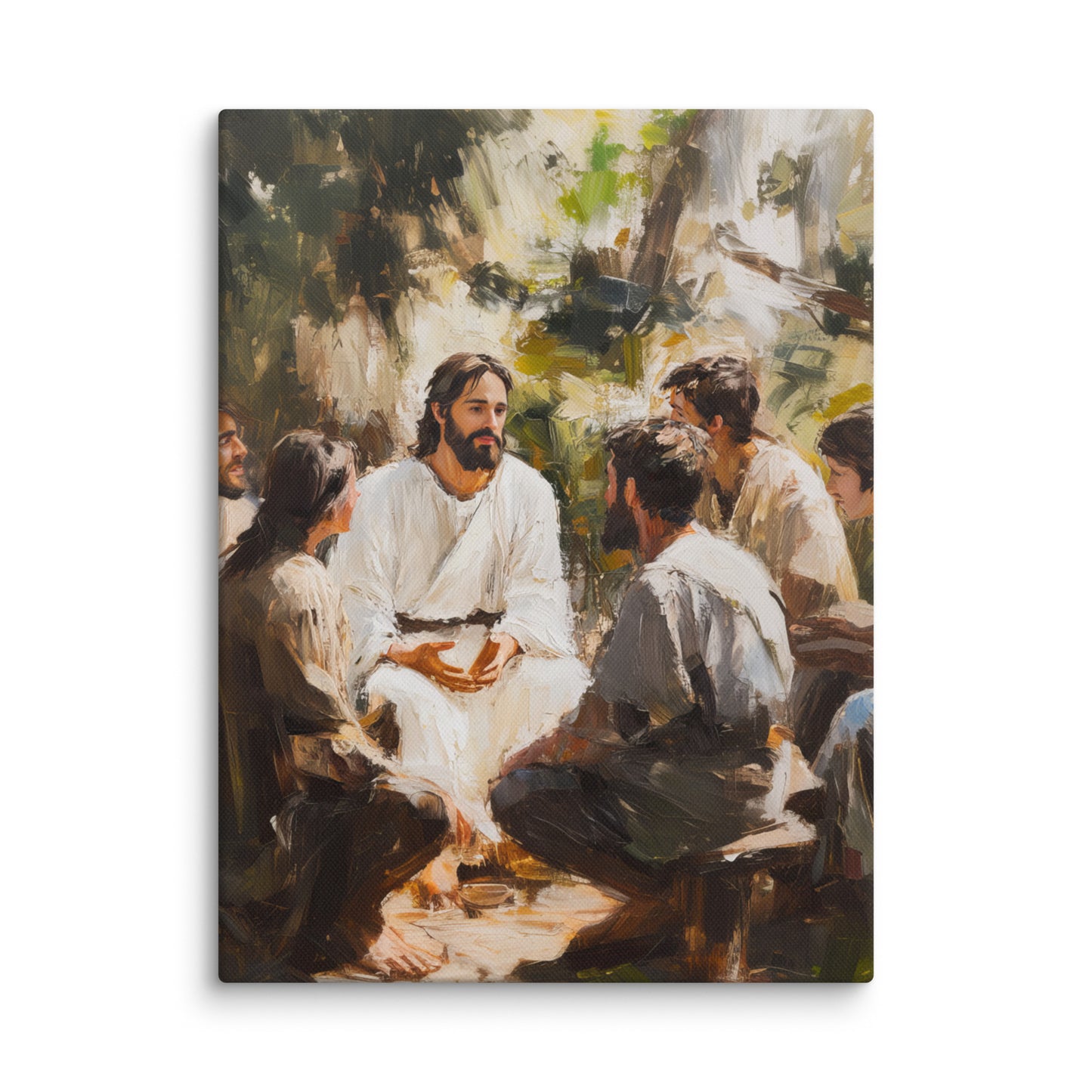 Words of Jesus framed canvas print showing a serene gathering outdoors with people seated in a circle during a teaching moment